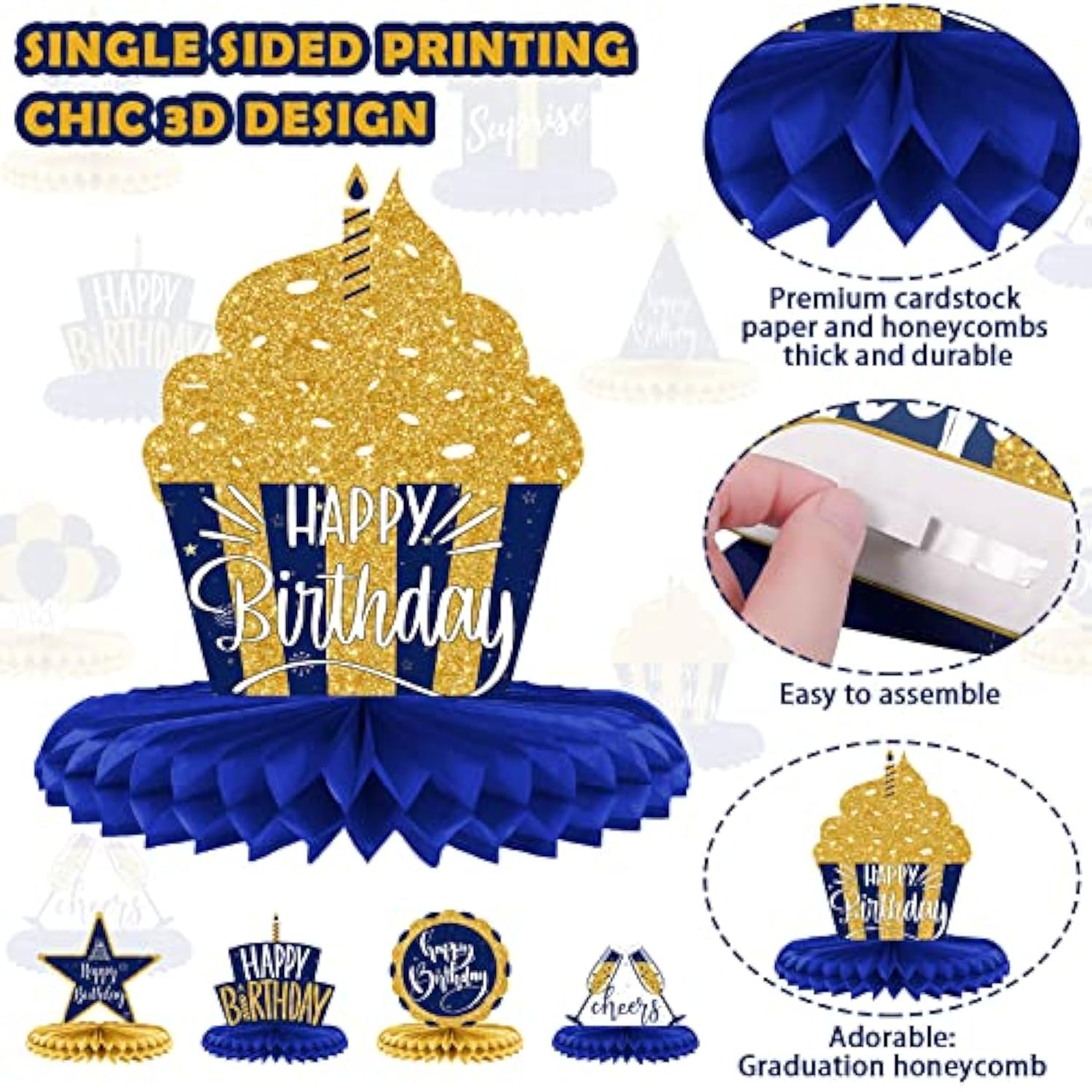 8 Pieces Birthday Centerpiece Table Decoration, Blue And Gold Happy Bi