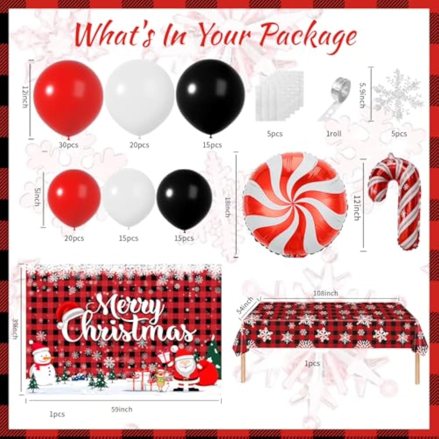 Plaid Christmas Balloons Garland Arch Kit With Merry Christmas Backdrop, Snowflake Tablecloth, Red White Balck Balloons, Xmas Decor Cane Foil Balloon For Christma Baby Shower Birthday Party