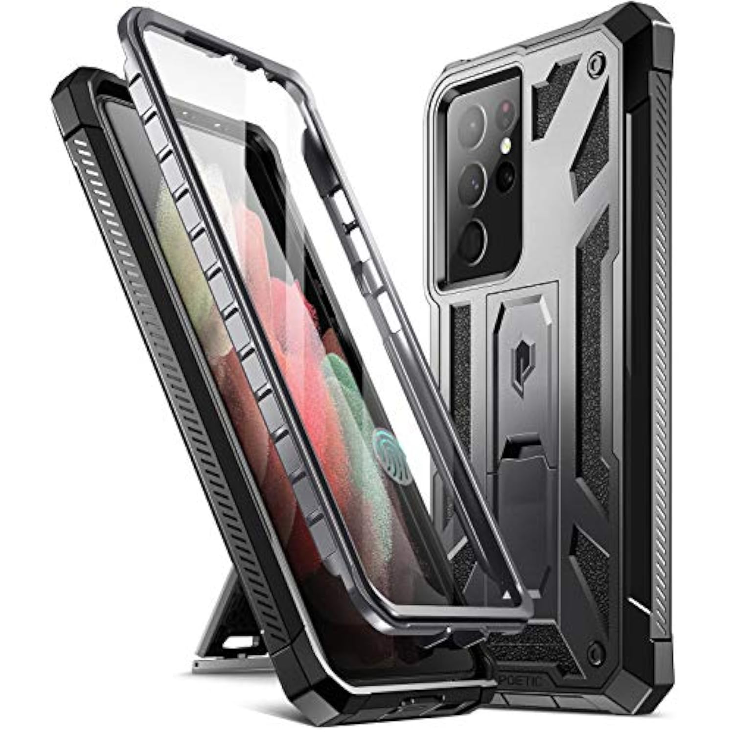Spartan Case For Galaxy S21 Ultra 5G, 6.8" Screen Protector, Fingerprint Id, Rugged Shockproof Cover, Kickstand, Metallic Gun Metal