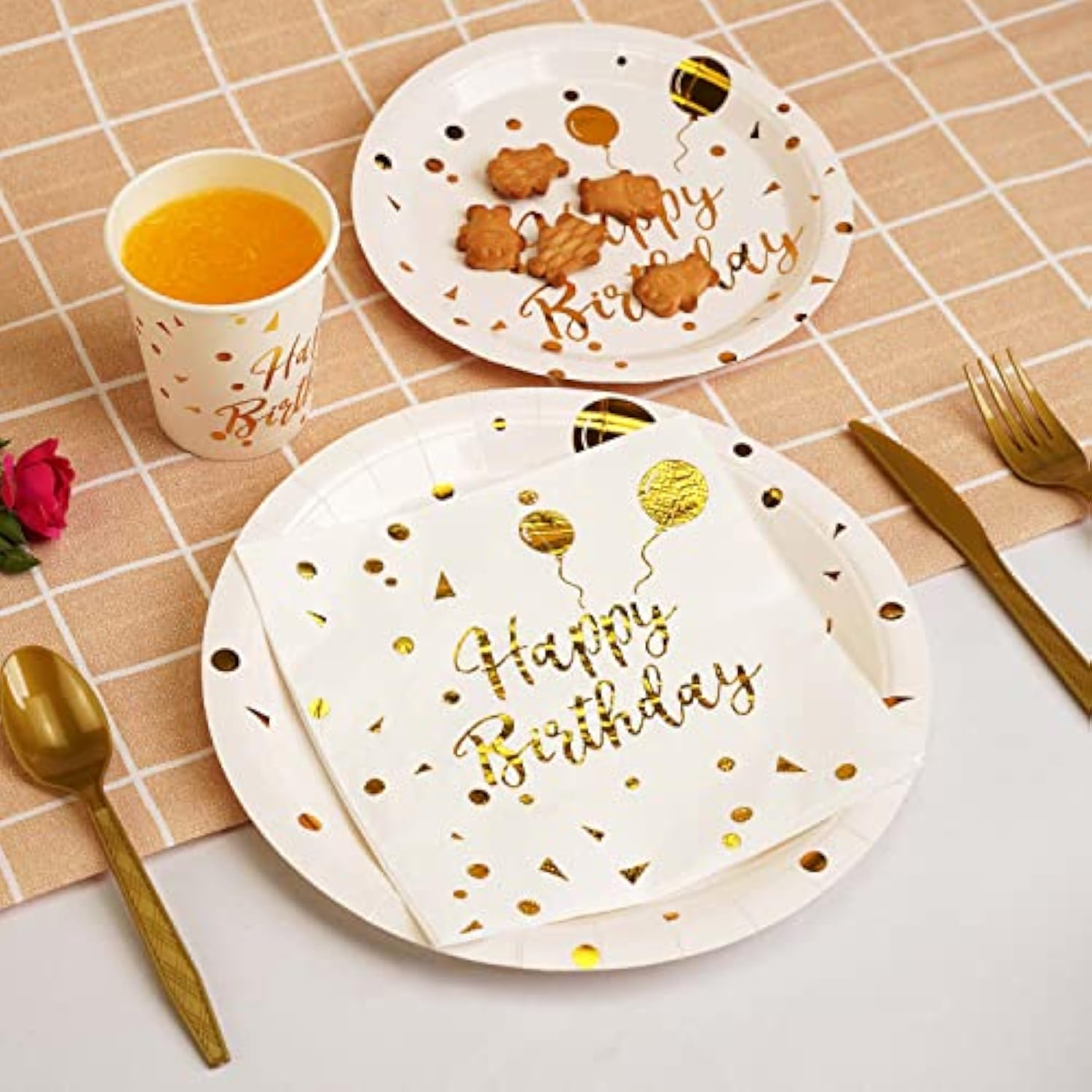 200PCS White Gold Birthday Party Spplies Disposable Tableware Set for 25 Guests
