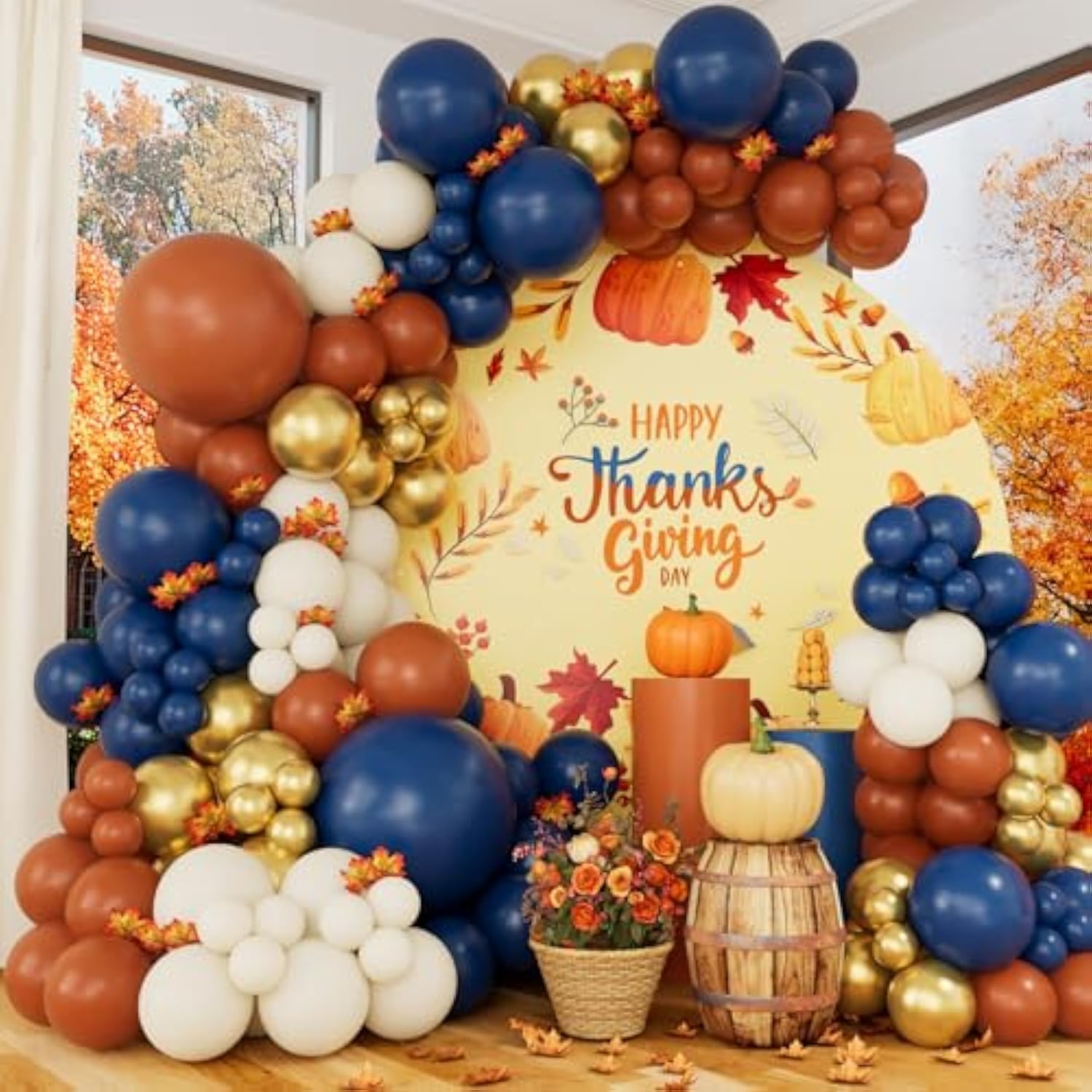 Fall Balloon Garland Arch Kit Double Stuffed Orange Blue Gold White for Thanksgiving