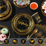 352 Pcs Black And Gold Plates Napkins Cups Tablecloths Forks Knives Spoons Serve 50 Guests Gold Dot Plastic Party Supplies Disposable Party Dinnerware Set For Birthday Wedding Decorations