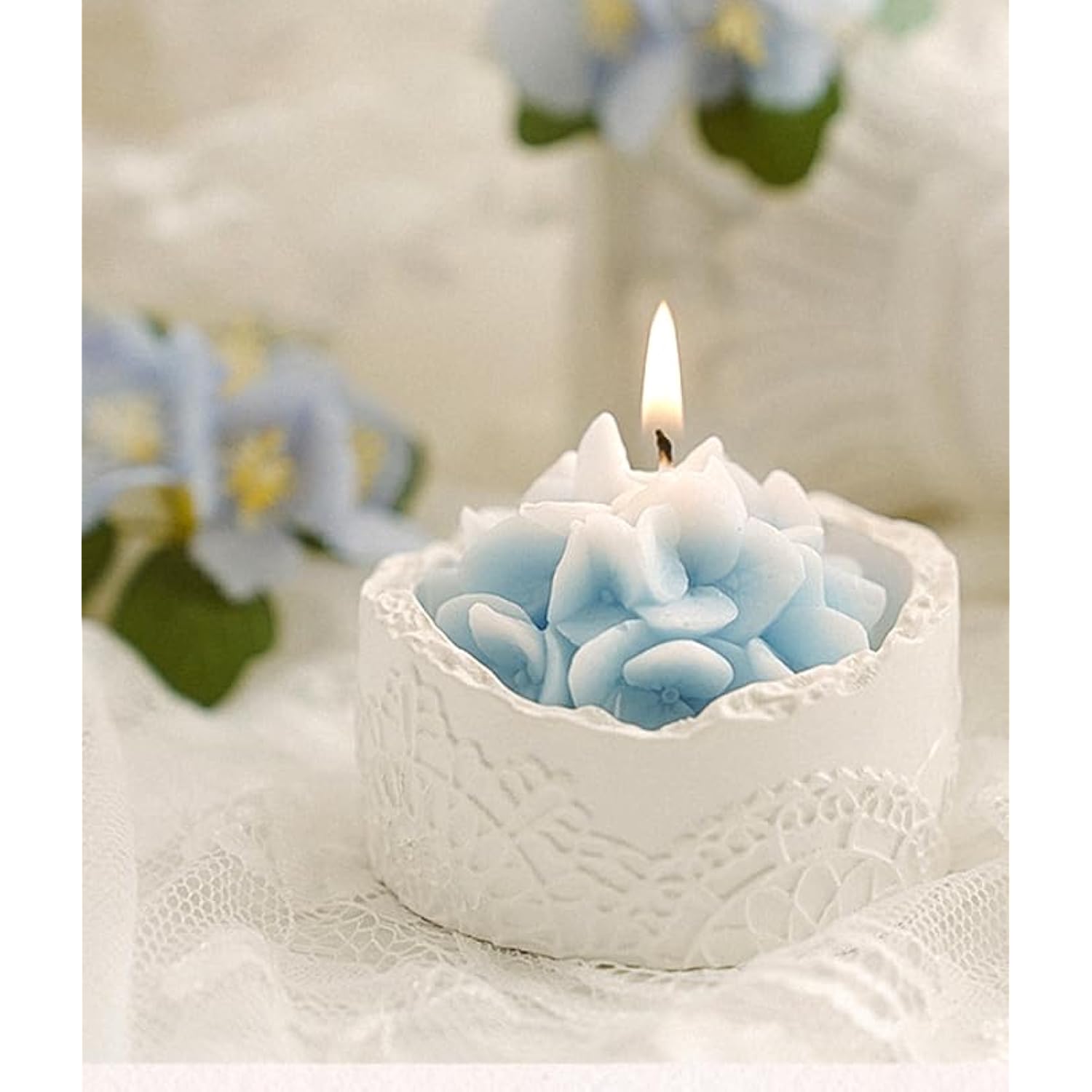 Blue Hydrangea Flower Scented Candle - Decorative Lace Cup Candle, Romantic Floral Candle Gift, Home Fragrance Decor, Spring Summer Decorations, Valentine'S Day Birthday Gifts For Women Mom Wife