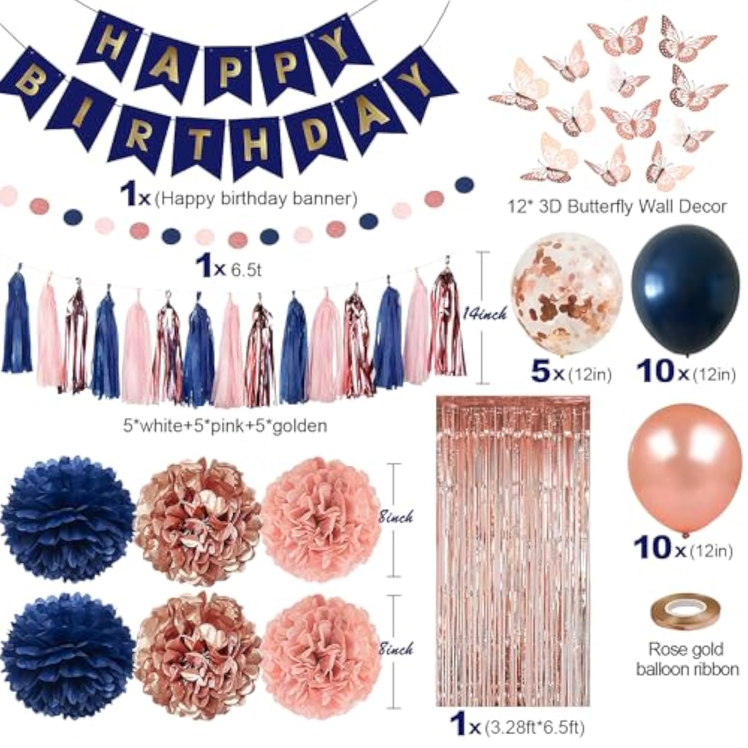 Rose Gold And Navy Blue Birthday Party Decorations With Happy Birthday Banner, Curtains, Butterfly Wall, Circle Dots Garland, Tissue Pompoms, Paper Tassels For Her
