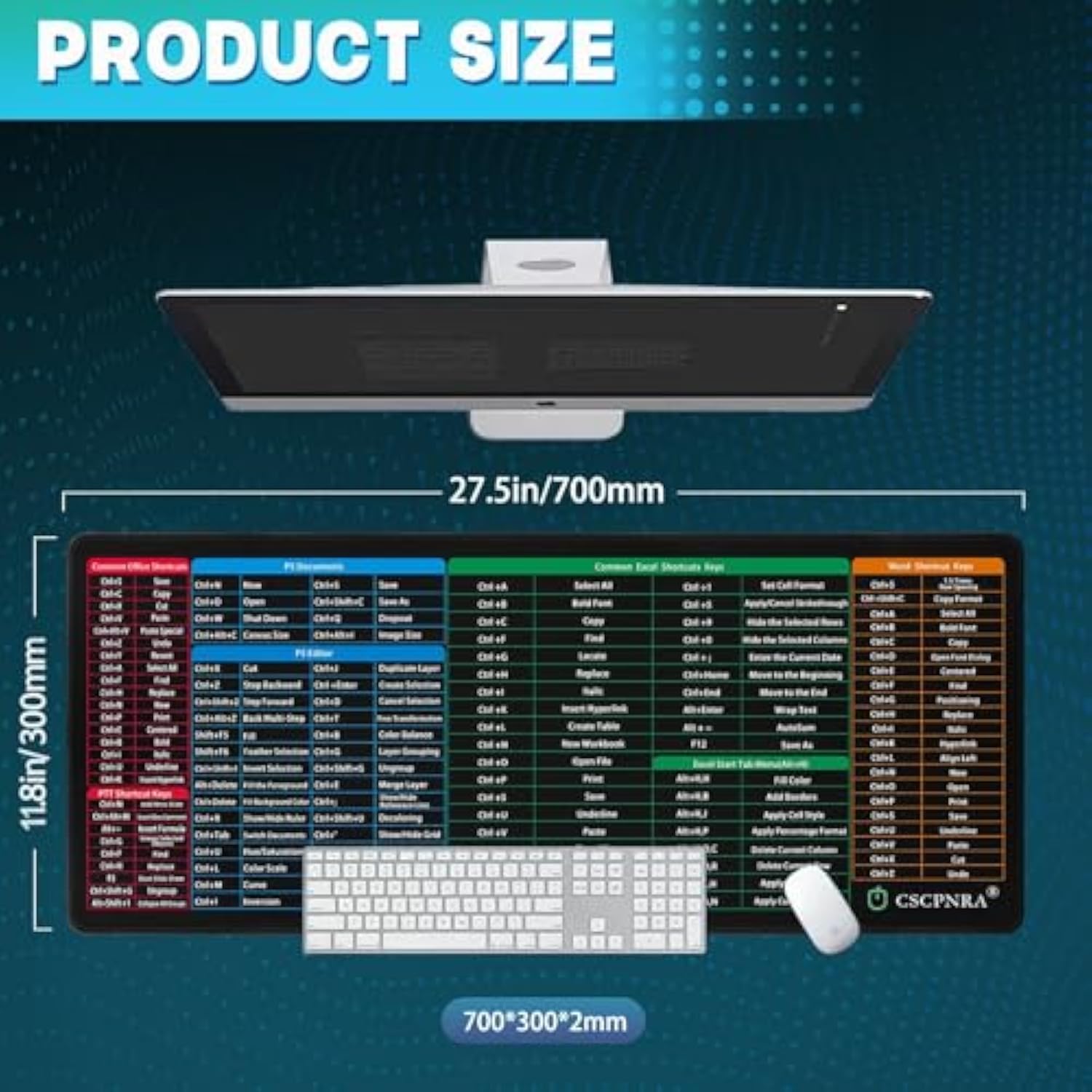 Excel Cheat Sheet Desk Pad - Large Office Mouse Pad (27.5 * 11.8 In), Ps/Word/Ppt/Excel Cheat Sheet Desk Mat, Pc Office Spreadsheet Keyboard Mat, Back To School Gift