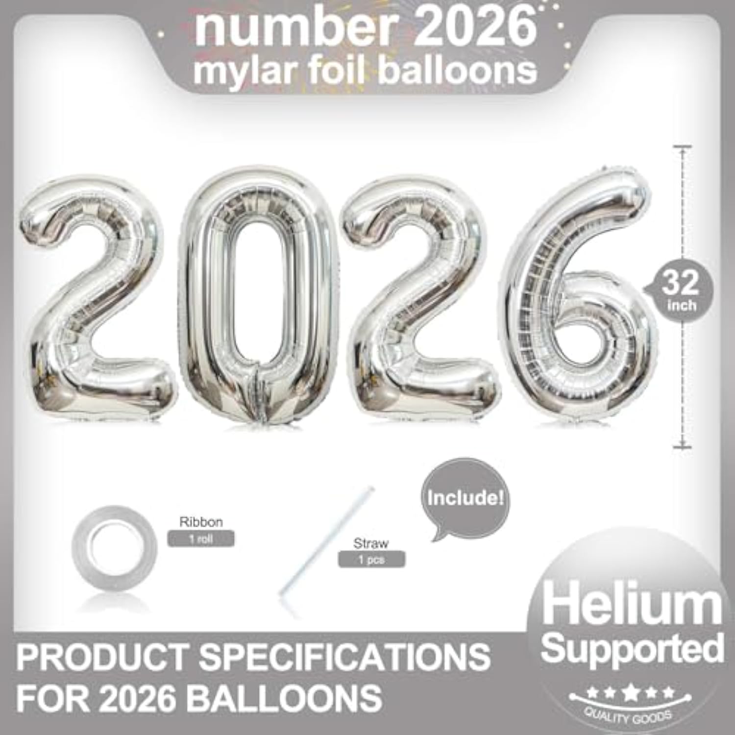32-Inch Giant Silver 2026 Number Balloons: NYE & Graduation Party Decor