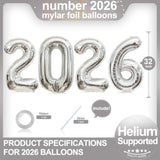 32-Inch Giant Silver 2026 Number Balloons: NYE & Graduation Party Decor