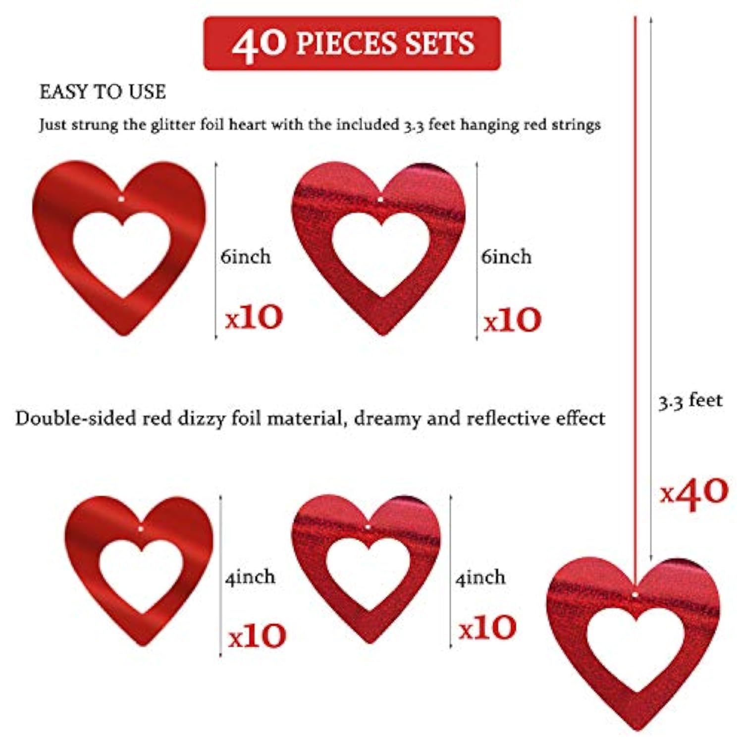 40 Pieces Valentine'S Day Glitter Heart Foil Hanging Decorations Red Hearts Hanging Ornaments Party Supplies For Indoor Outdoor Valentines Bridal Shower Anniversary Wedding Party Decorations
