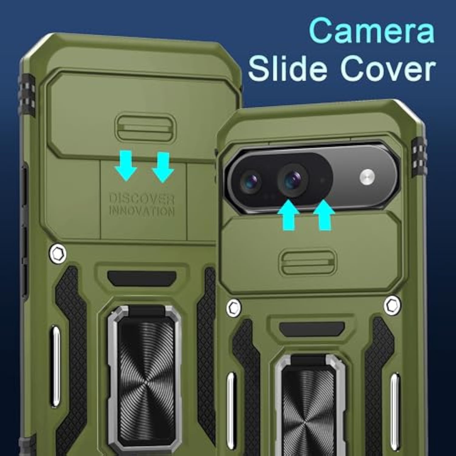 Case For Google Pixel 9/9 Pro With Slide Camera Cover+Screen Protector(1 Pack), Rotated Ring Kickstand Grade Shockproof Protective Cover-Olive Green