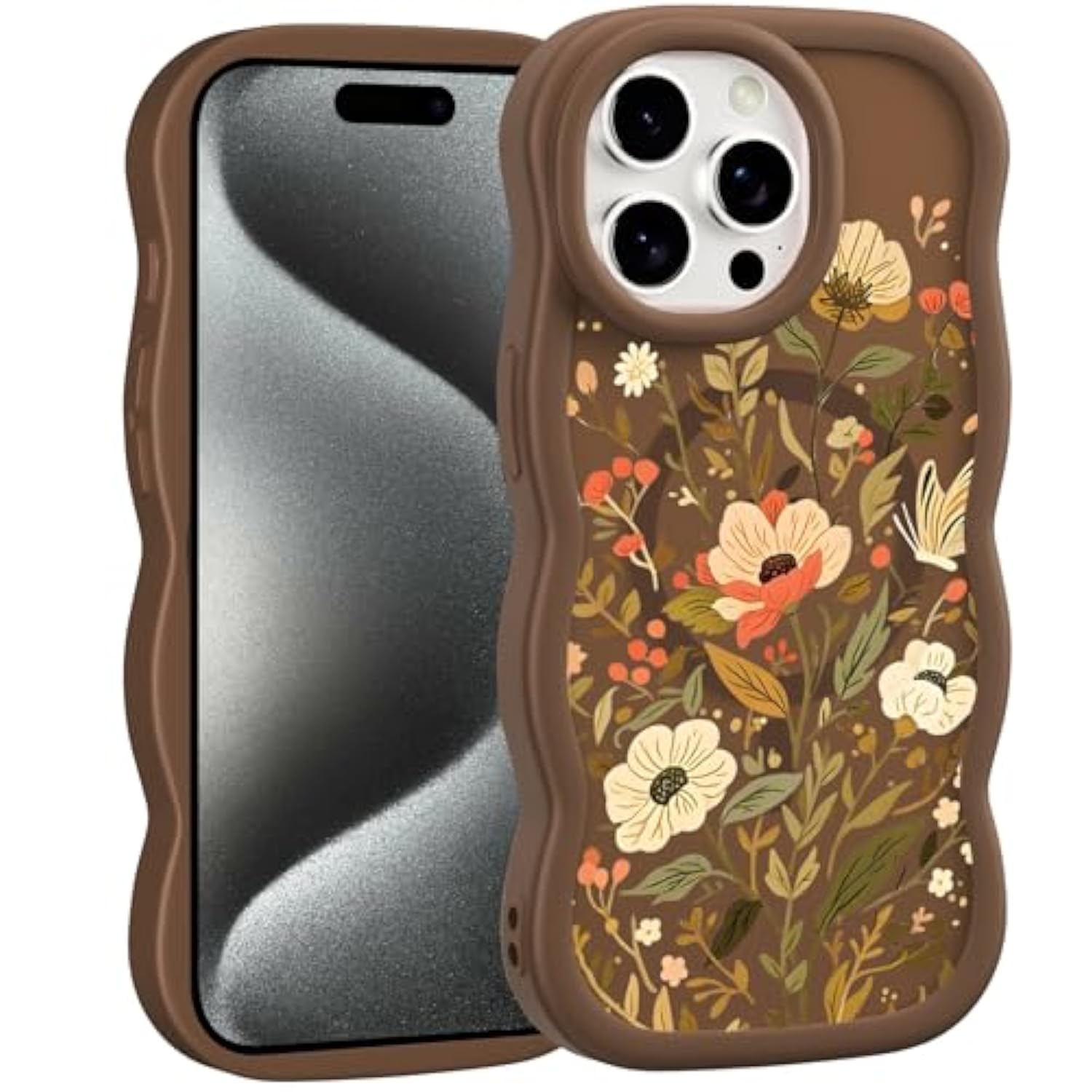 For Iphone 15 Pro 6.1'' Case, Brown Fall Floral Leaf Pattern Curly Wave Frame Hard Translucent Matte Clear Back Cover For Women Men Compatible With Magsafe Tpu Shockproof Drop Protection Phone Case