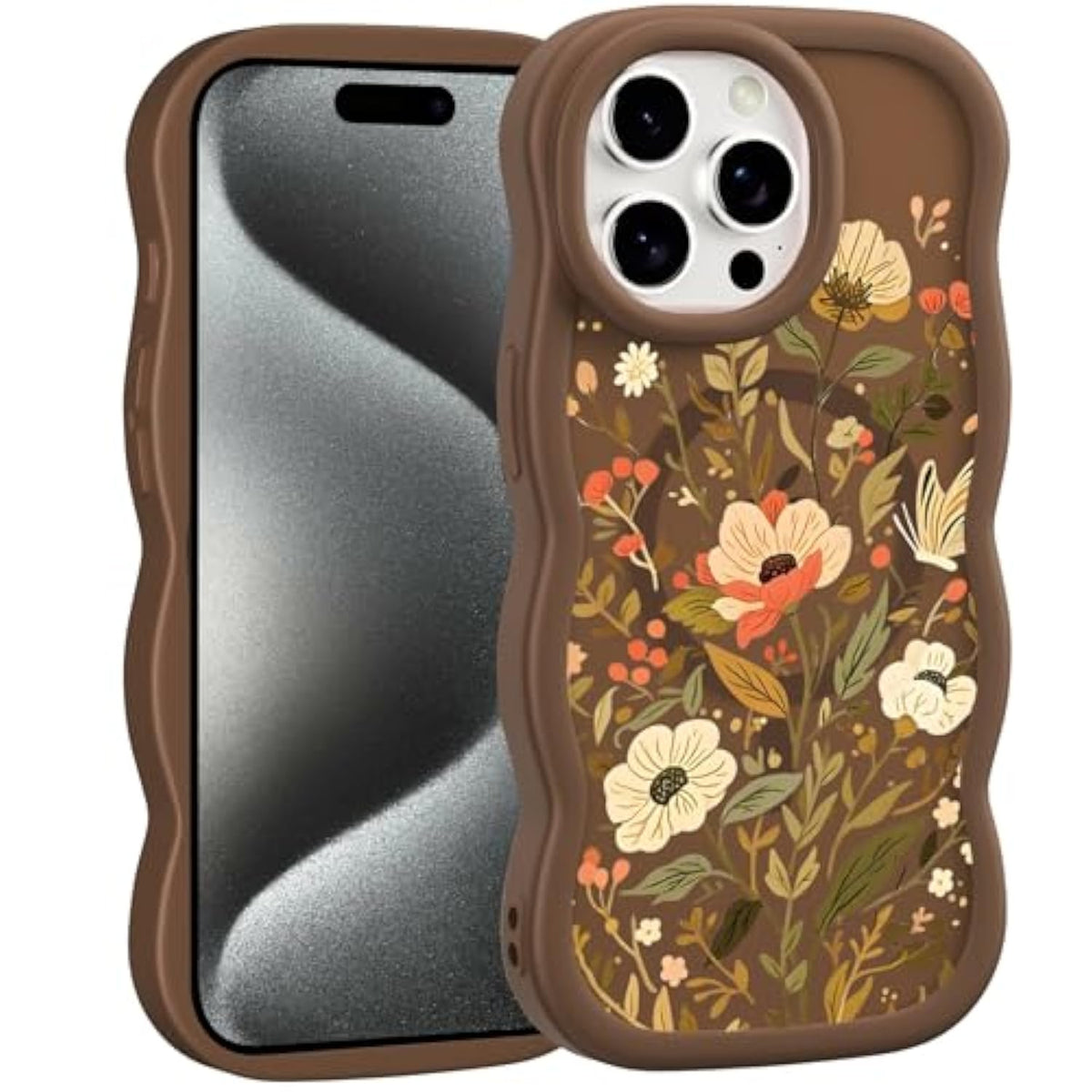 For Iphone 15 Pro 6.1'' Case, Brown Fall Floral Leaf Pattern Curly Wave Frame Hard Translucent Matte Clear Back Cover For Women Men Compatible With Magsafe Tpu Shockproof Drop Protection Phone Case