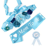 Baby Shower Maternity Sash Belly Belt, Mom To Be & Dad To Be Button Pin, Pregnancy Maternity Flower Sash Belt For Gender Reveal (Blue Baby Boy)