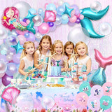 Little Mermaid Party Decorations Birthday Supplies Girls, Pink Purple Balloon Arch & Backdrop Tablecloth & Bobo Balloon Tail Shell Foil Balloon Printed Balloon, Princess Mermaid Birthday Decor
