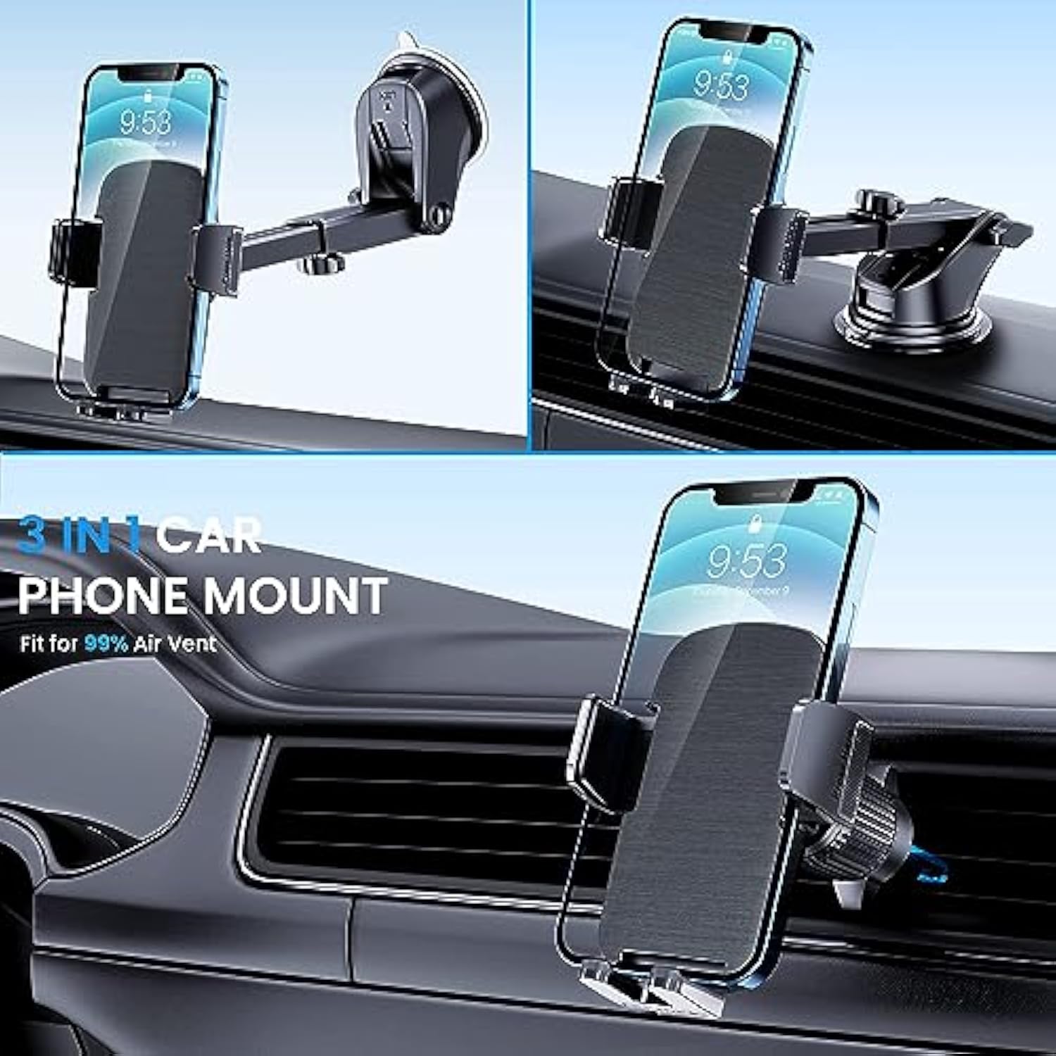 Phone Mount for Car Phone Holder [Military-Grade Suction & Stable Clip] Car Phone Holder Mount Windshield Dashboard Air Vent Universal Automobile Mount Fit for All iPhone Android Smartphones