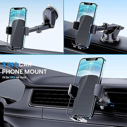 Phone Mount for Car Phone Holder [Military-Grade Suction & Stable Clip] Car Phone Holder Mount Windshield Dashboard Air Vent Universal Automobile Mount Fit for All iPhone Android Smartphones