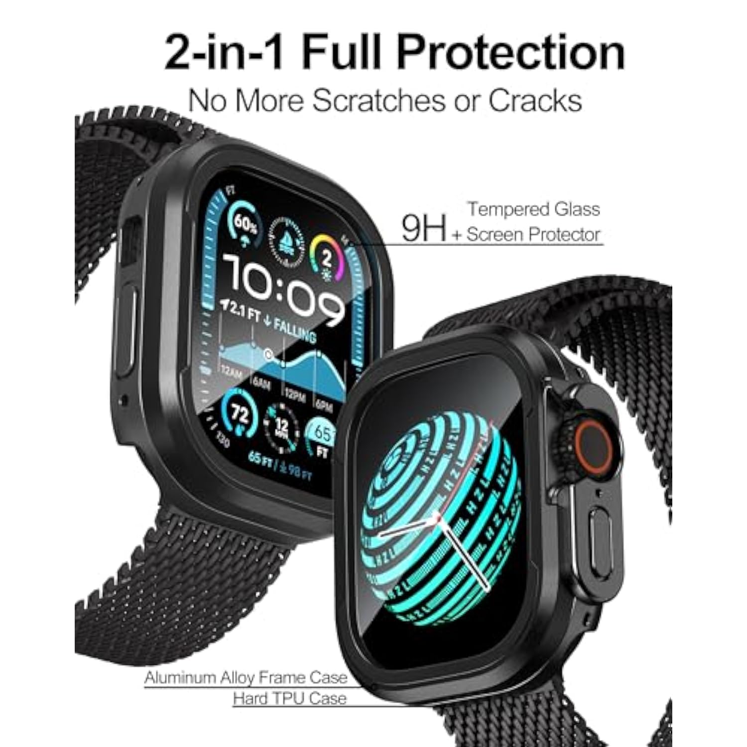 2 Pack Screen Protector And 1 Pack Aluminum Alloy Case Compatible With Apple Watch Ultra 2/Ultra 49Mm, 9H+ Screen Protector With Auto-Alignment Installation Frame, Military Grade Case, Black