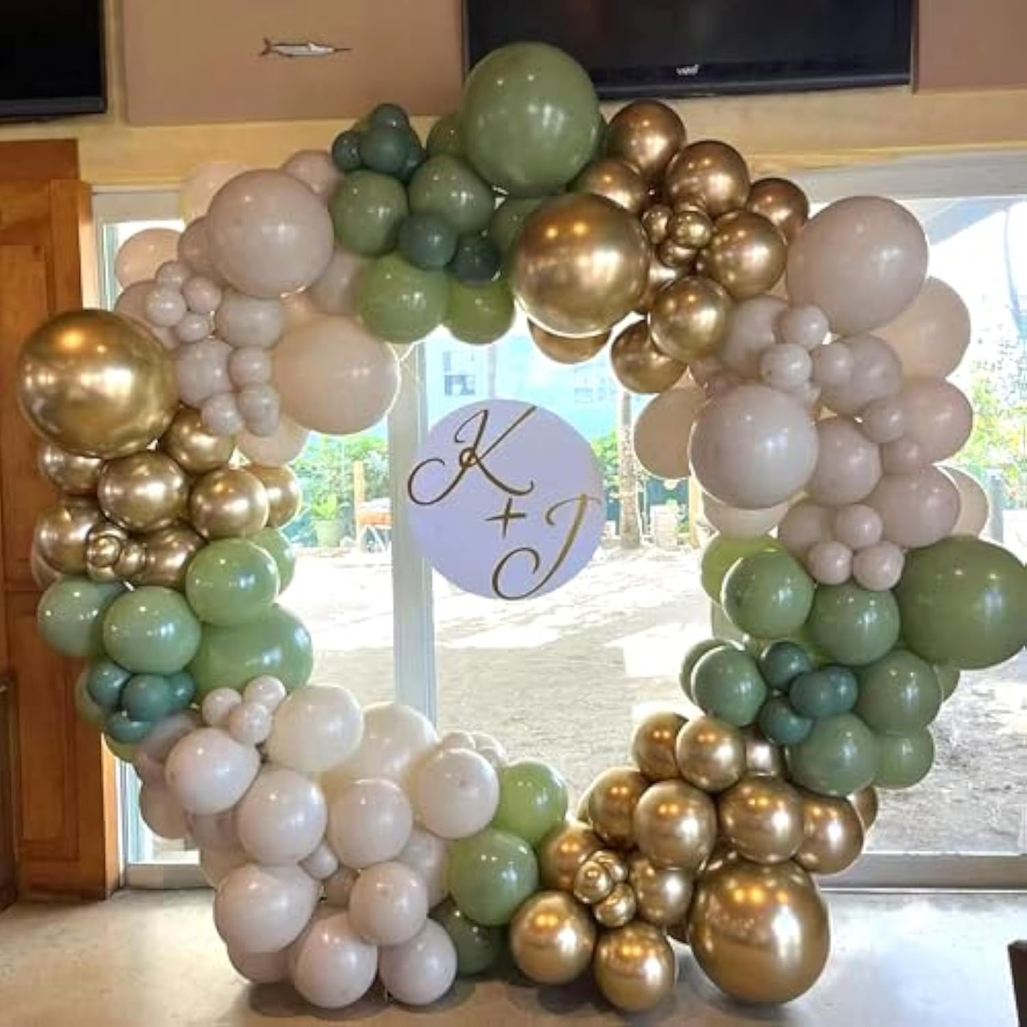 160Pcs Sage Green Gold Balloon Arch Kit with White Sand & Confetti Balloons