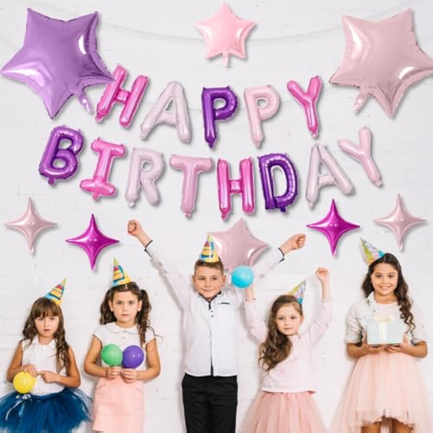 Happy Birthday Balloons, Pink Purple Happy Birthday Banner Balloon, 16 Inch Foil Letter Balloons With 8 Pcs Purple Pink Star Balloon For Women Girls Birthday Party Decoration
