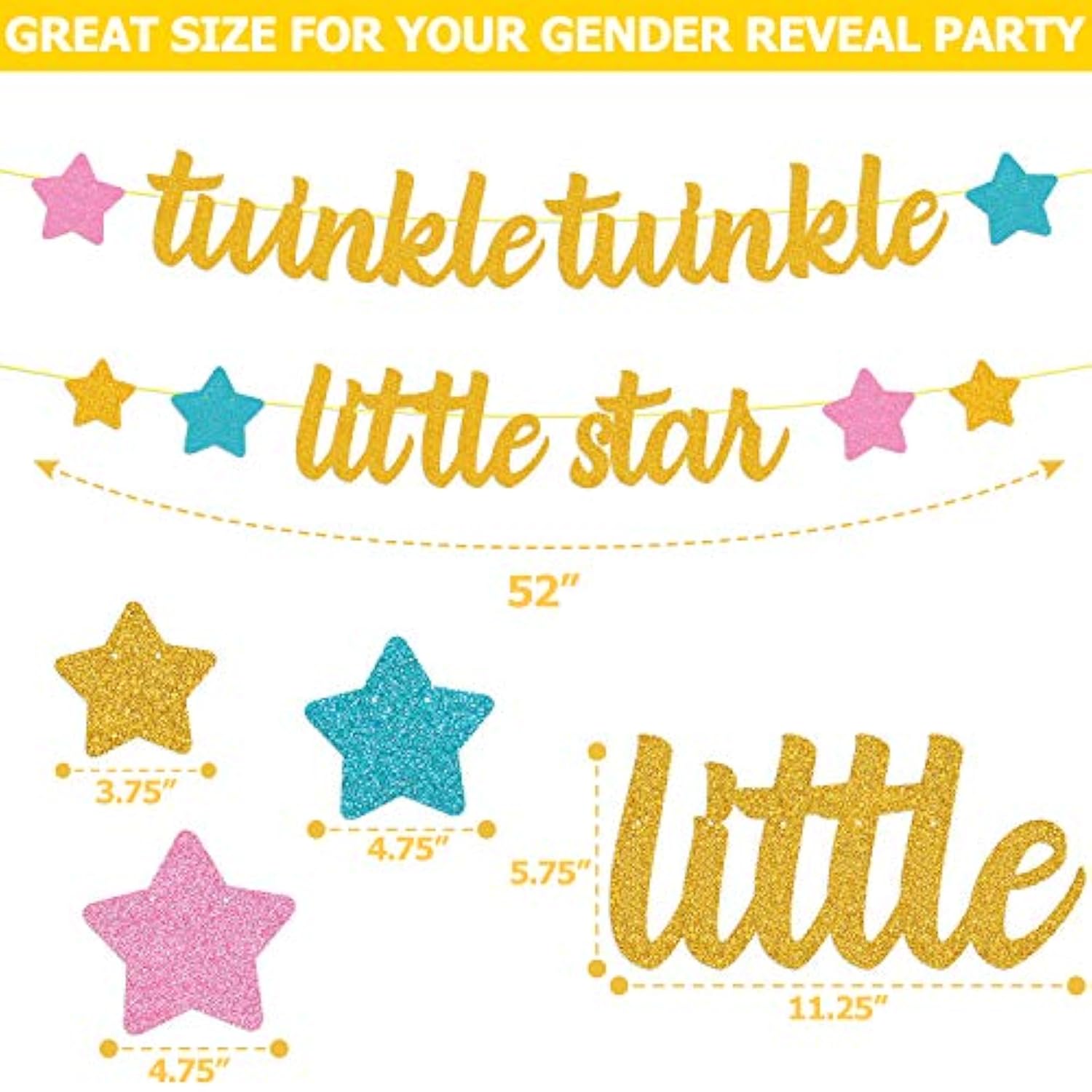 Twinkle Twinkle Little Star How We Wonder What You Are Banner Gender Reveal Decorations He Or She Pink Blue Gold Star Baby Shower Party Supplies Glitter Décor Pre-Strung