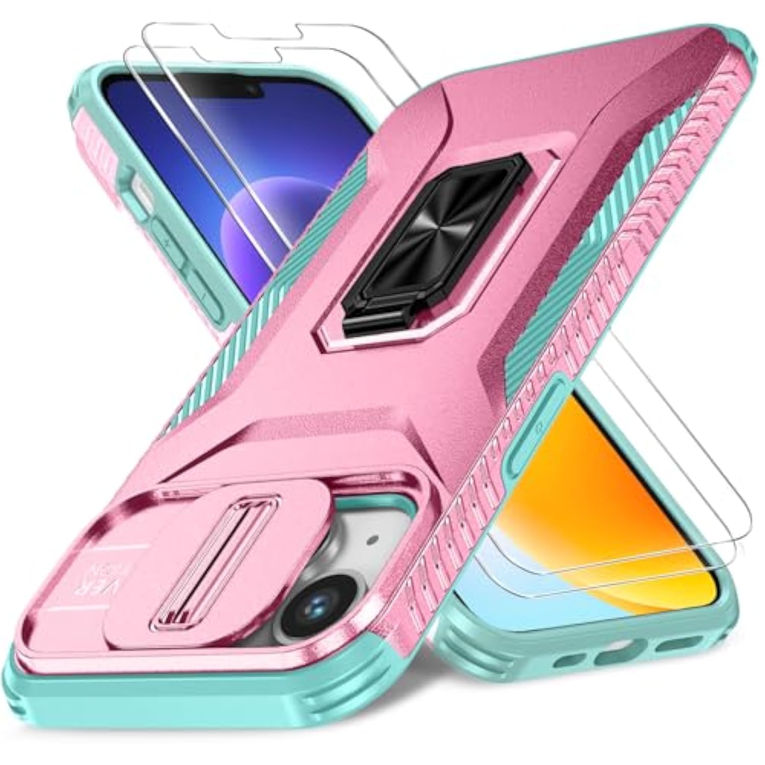Case For Iphone 13/Iphone 14 6.1-Inch Slide Camera Cover+Screen Protector(2 Packs), Military Grade Shockproof Protective Cover, Rotated Ring Kickstand With Camera Protection (Pink+Celadon)