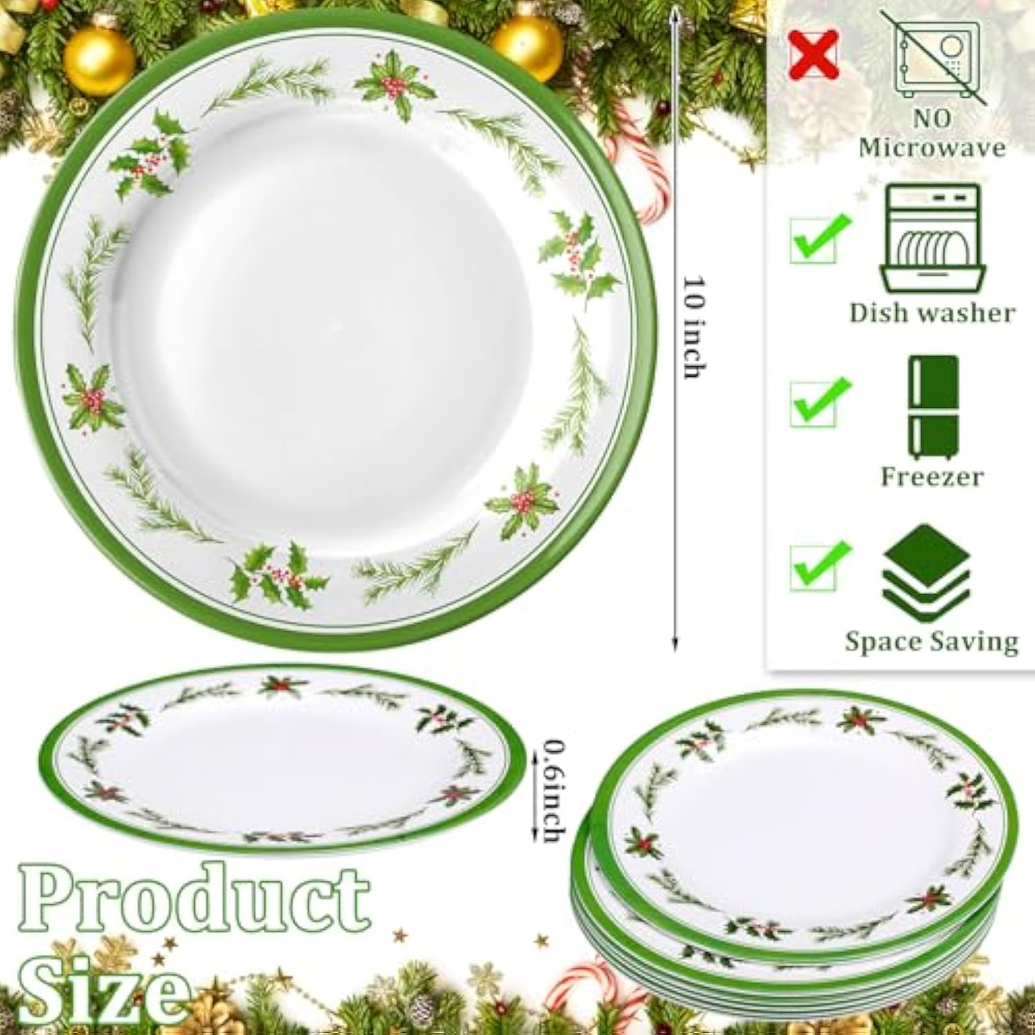 6 Pcs Christmas Dinner Plates Xmas Tree Melamine Dinnerware Green Plates Xmas Wreath Dishes Holiday Tableware For Dessert Salad Appetizer Birthday Party(Christmas Wreath,10 Inches)