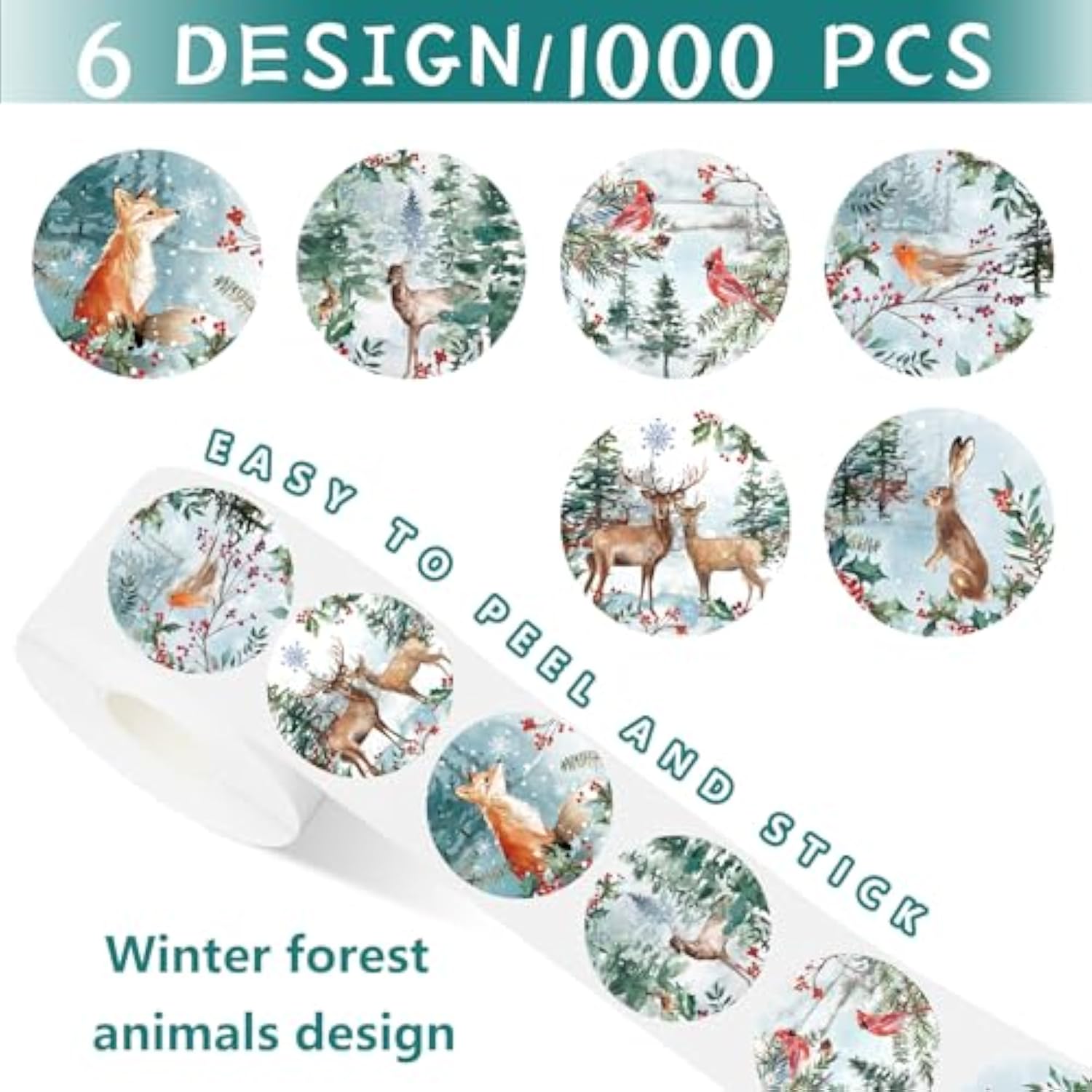 1000Pcs Winter Forest Animal Sticker Roll Woodland Animal Seal Stickers Self-Adhesive Label Decals For Christmas Scrapbook Envelope Diy Crafts Supplies