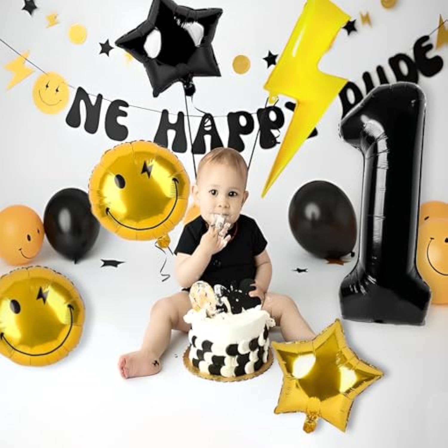 7 Pcs 'One Happy Dude' Birthday Decorations Lightning Bolt Balloons for Kids