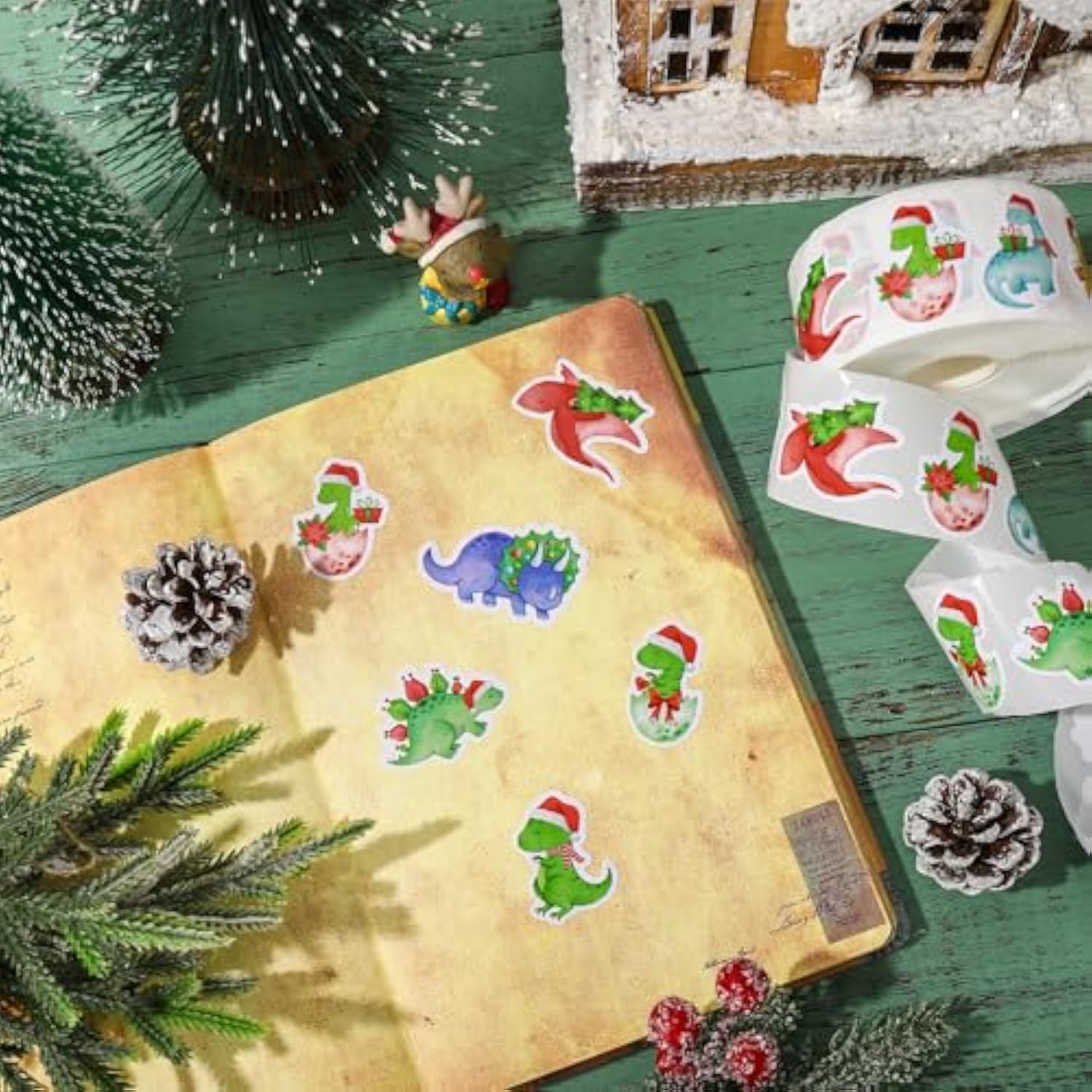 1000Pcs Christmas Paper Sticker Watercolor Dinosaur Decal Jurassic Animal Self-Adhesive Sticker Label For Xmas Winter Gift Card Party Supplies, 1.5 In