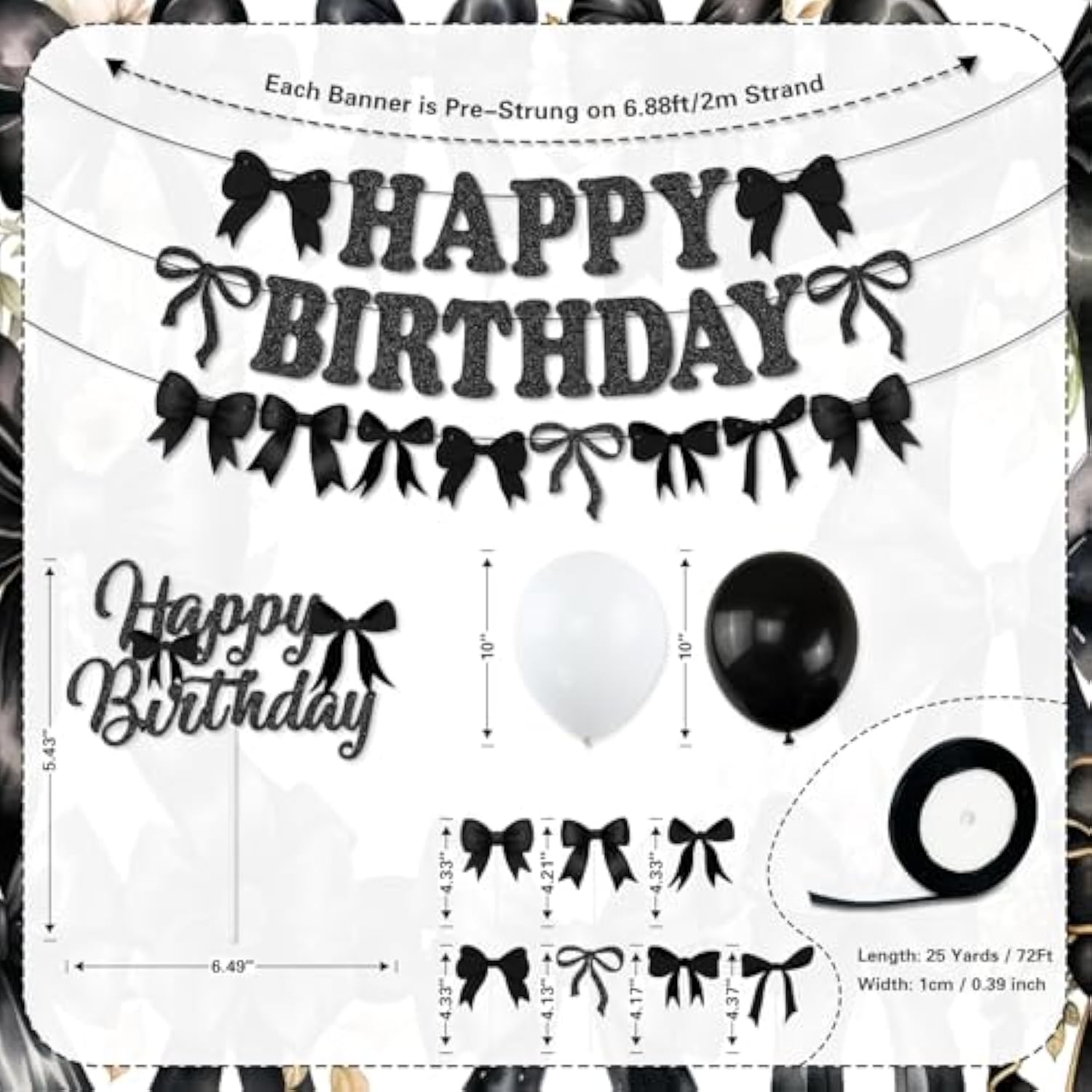 Black Bow Birthday Party Decorations, Girl Bow Birthday Decortions, Black White Balloons, Bows Banner Garland, Bows Cake & Cupcake Toppers And Satin Ribbon For Bow Party Decor