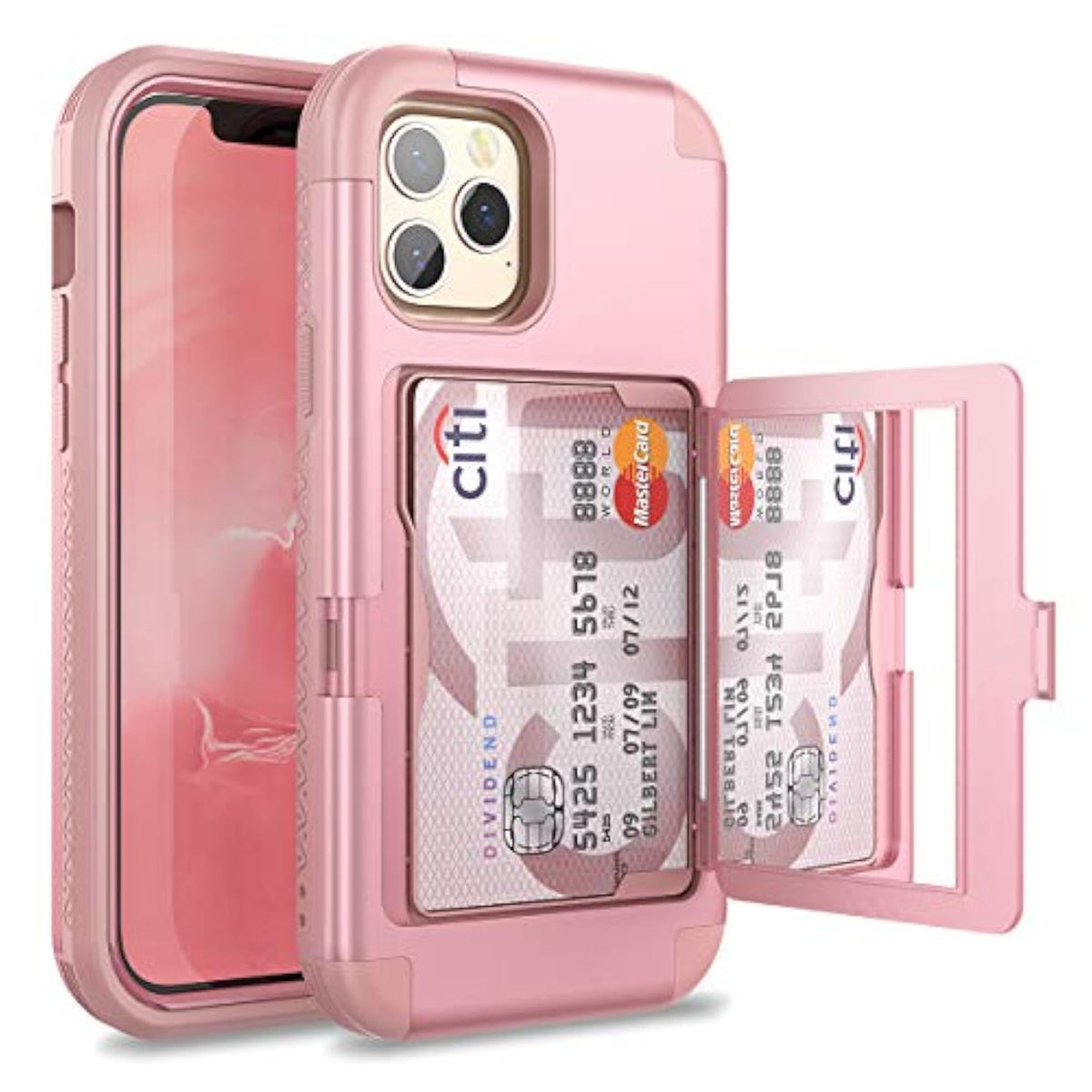 Wallet Case With Credit Card Holder & Hidden Mirror, Three Layer Shockproof Heavy Duty Protection Protective Cover For 12 Pro Max - 6.7Inch Rose Gold