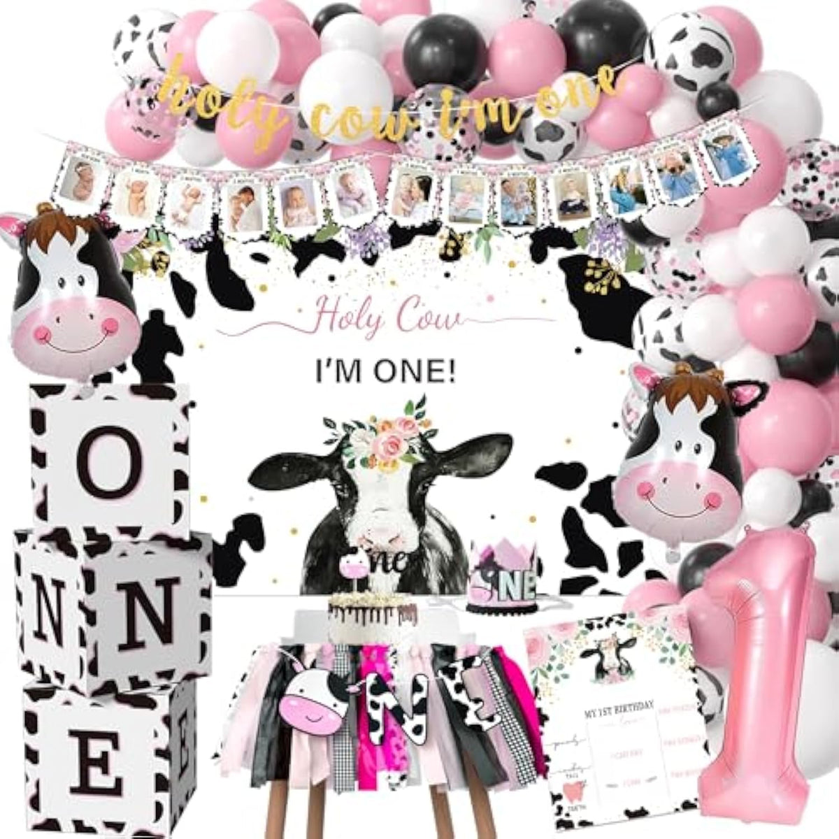 Holy Cow I'M One Birthday Decorations Girl - Farm Cow Theme First Birthday Party Supplies, Balloon Boxes, Backdrop, Banner, Balloon Arch, Highchair Banner