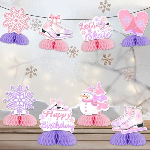Ice Skating Birthday Honeycomb Centerpieces, Ice Skating Party Decorations Honeycomb Centerpieces Lets Skate Snowflake Table Decorations Pink Purple for Winter Birthday Party