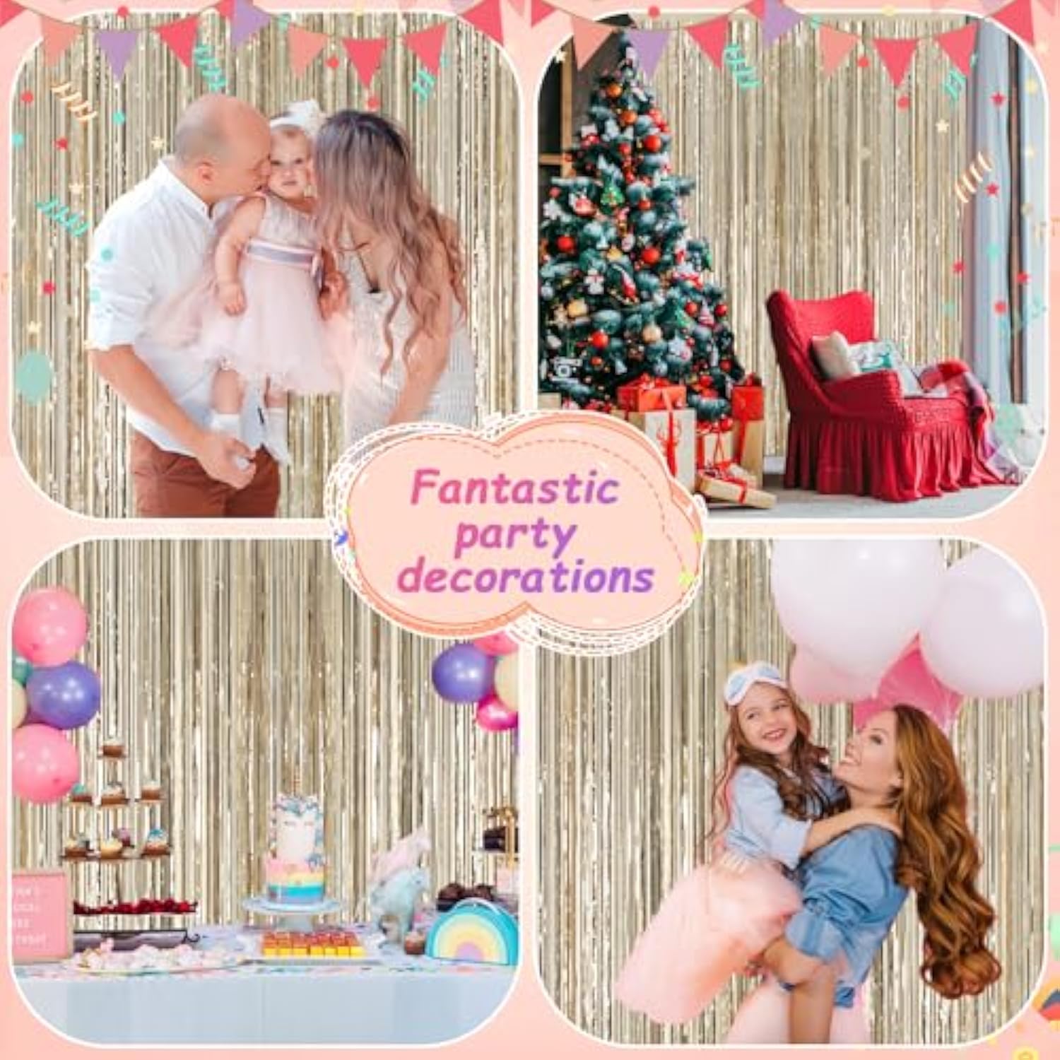 2Pack Champange Party Metallic Tinsel Foil Fringe Curtains, 3.2Ft X 8.2Ft Door Streamer Photo Booth Backdrop For Birthday Graduation Engagement Bridal Shower Bachelorette Baby Shower Party Decorations