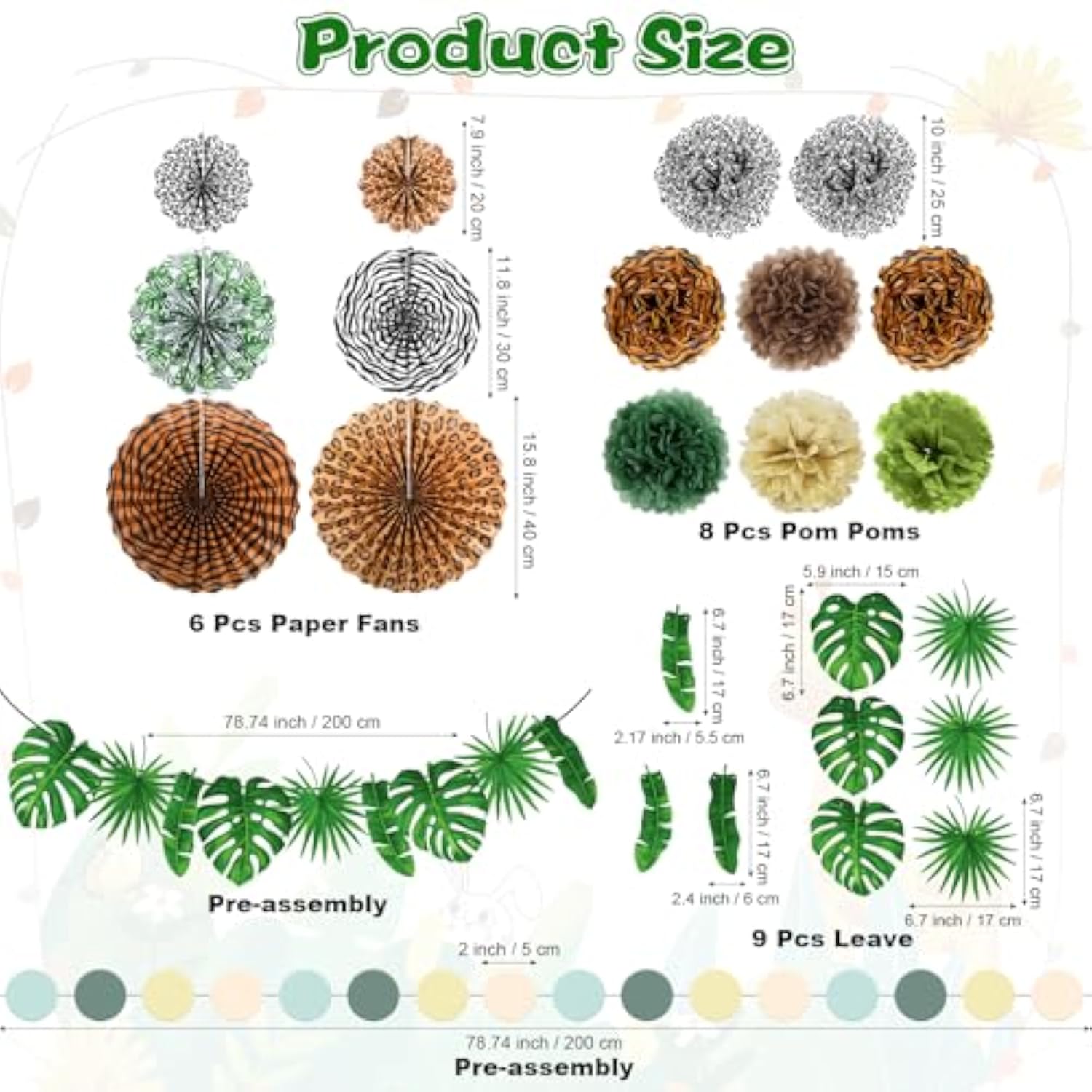16 Pcs Jungle Safari Party Decorations Safari Theme Hanging Paper Fans Birthday Decor Tropical Palm Leaves Dots Banner Jungle Wild Animal Leopard Print Pompoms Baby Shower Party Supplies