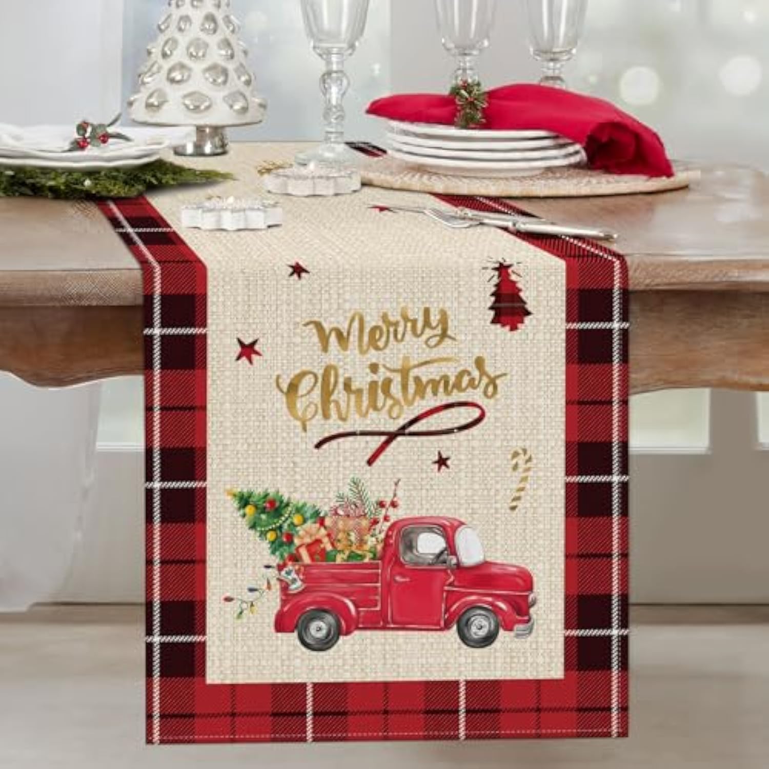Merry Christmas Red Truck Table Runner 13X72 Inch Buffalo Plaid Xmas Tree Seasonal Winter Holiday Kitchen Kitchen Dining Table Decoration For Indoor Outdoor Home Party Decor