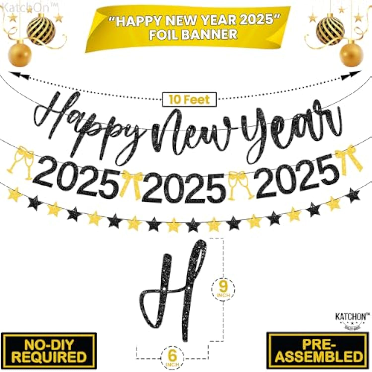 Glitter Happy New Year Banner - 10 Feet, 3 Strings, No Diy | Black And Gold 2025 Sign | New Years Eve Party Supplies And Decorations