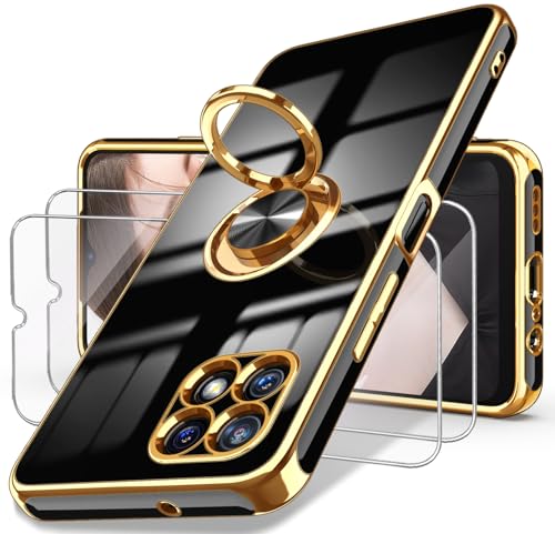 For T-Mobile Revvl 7 5G Case With 2X Screen Protector, 360° Rotatable Ring Holder Magnetic Kickstand,Plated Gold Edge Slim Soft Tpu Protective Cover For T-Mobile Revvl 7 Black