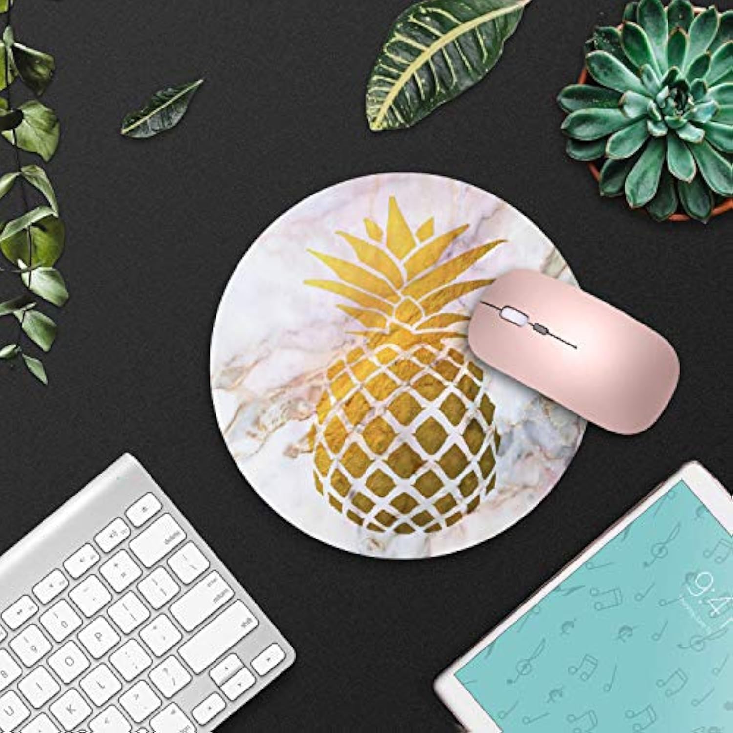 Round Mouse Pad With Coasters Set, Gold Foil Pineapple White Marble Design Mouse Pad Non-Slip Rubber Mousepad Office Accessories Desk Decor Mouse Pads For Computers Laptop