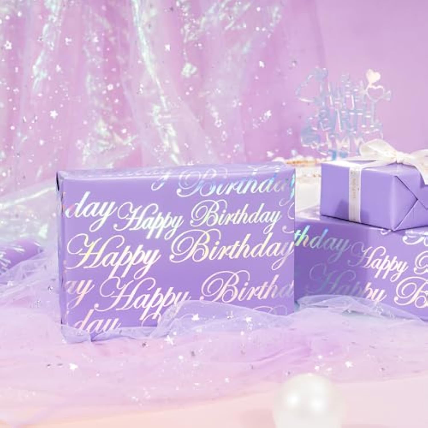 Reversible Birthday Wrapping Paper 17"x9.8' Purple Silver Foil Mini Roll
