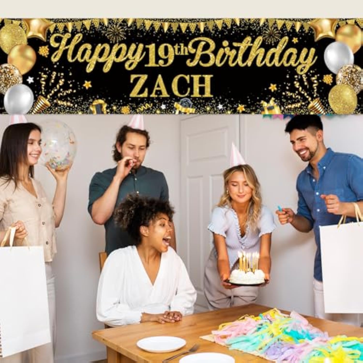 Personalized Birthday Banner, Custom Name & Age Stickers for Indoor/Outdoor Parties (Black & Gold)