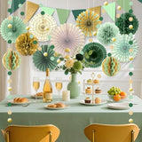 Sage Green Gold Party Decorations, Paper Fans Honeycomb Balls Circle Garlands For Green Theme Birthday Neutral Baby Shower Wedding Graduation Party Decoration Forest Party Supplies