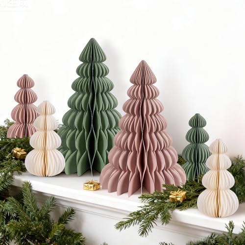6PCS Paper Christmas Tree, Honeycomb Trees Table Centerpiece with Magnetic Closure, Sage Green and Dusty Pink Christmas Tree Decor for Mantel Xmas Tabletop Centerpiece
