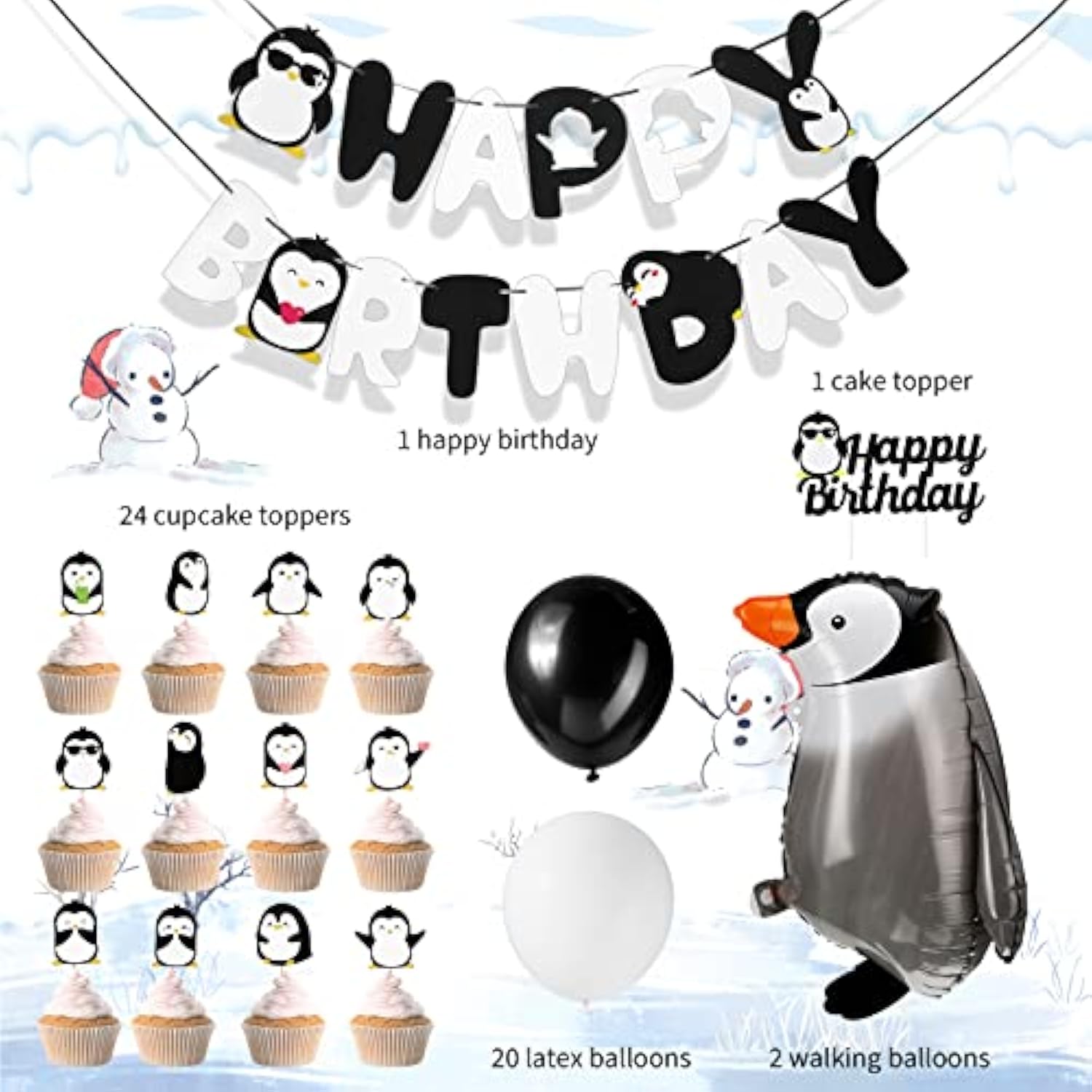 48-Piece Penguin Party Decor Set with Banner, Cake Topper, Walking & Latex Balloons