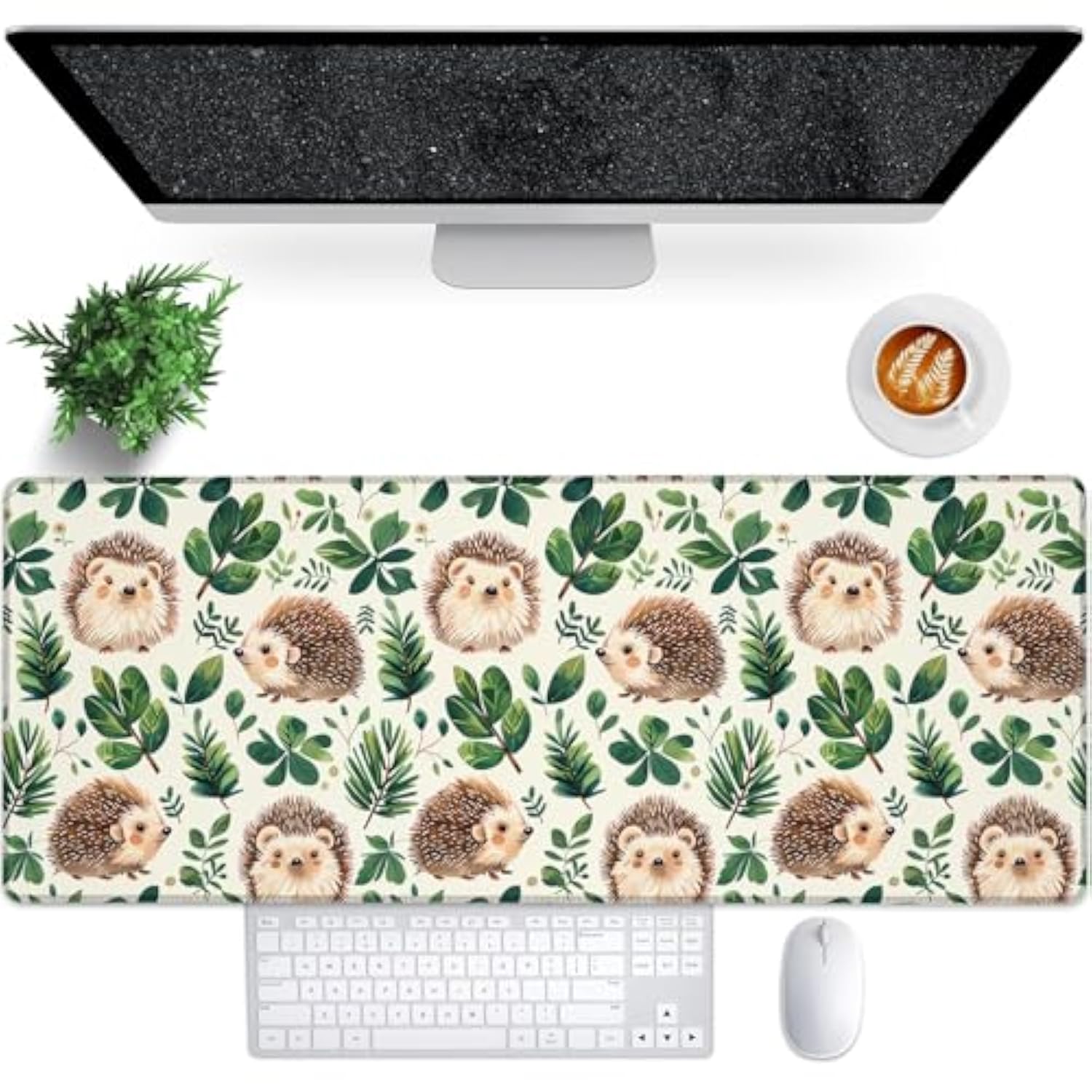Cute Hedgehog Gaming Mouse Pad, 31.5"×11.8" Extended Desktop Mouse Pads For Keyboard Laptop Computer, Large Desk Mat With Stitched Edges For Work Office Desk Decor (Hedgehog & Leaves)