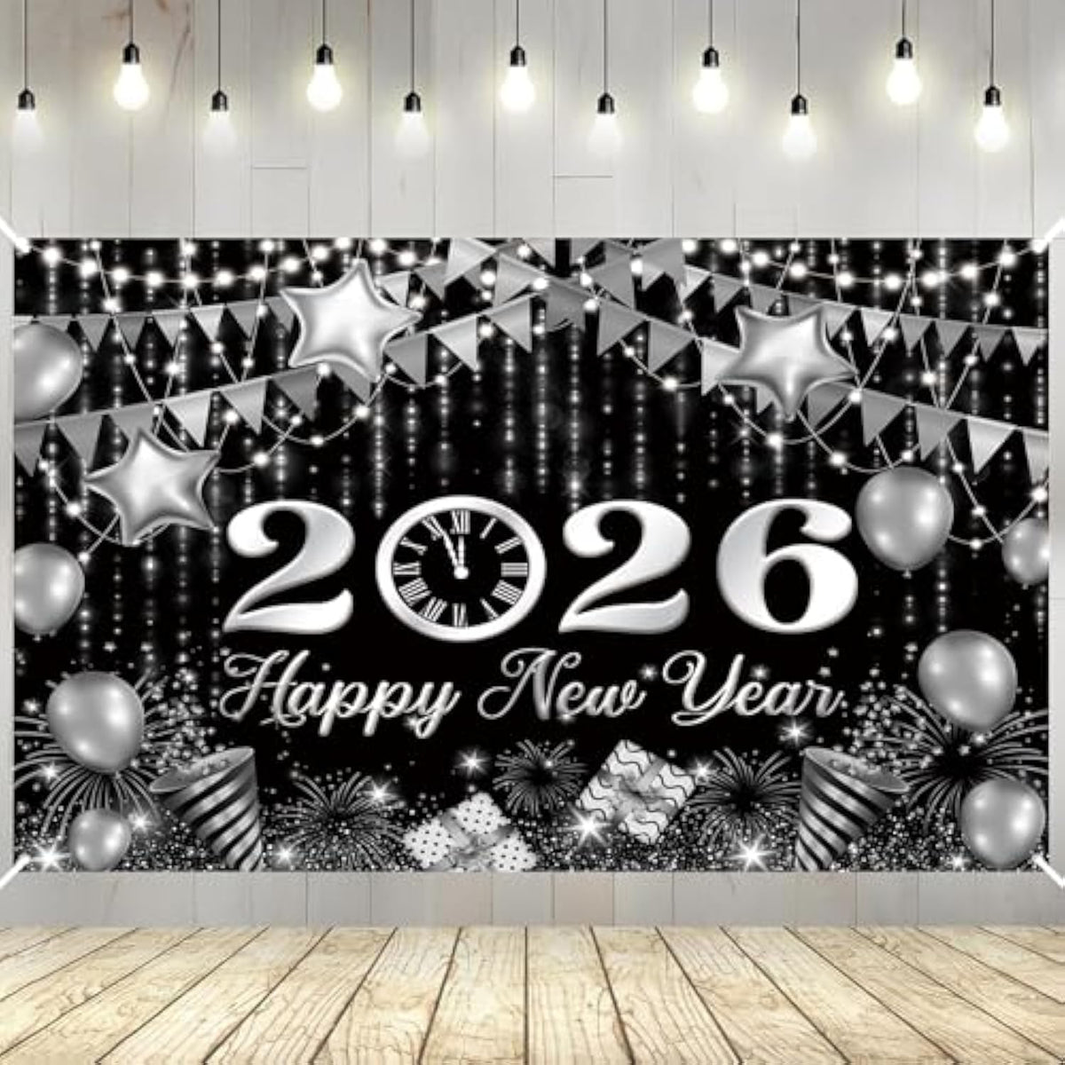 Black Silver Happy New Year Backdrop 6x3.6ft Gold Bokeh Balloons 2026