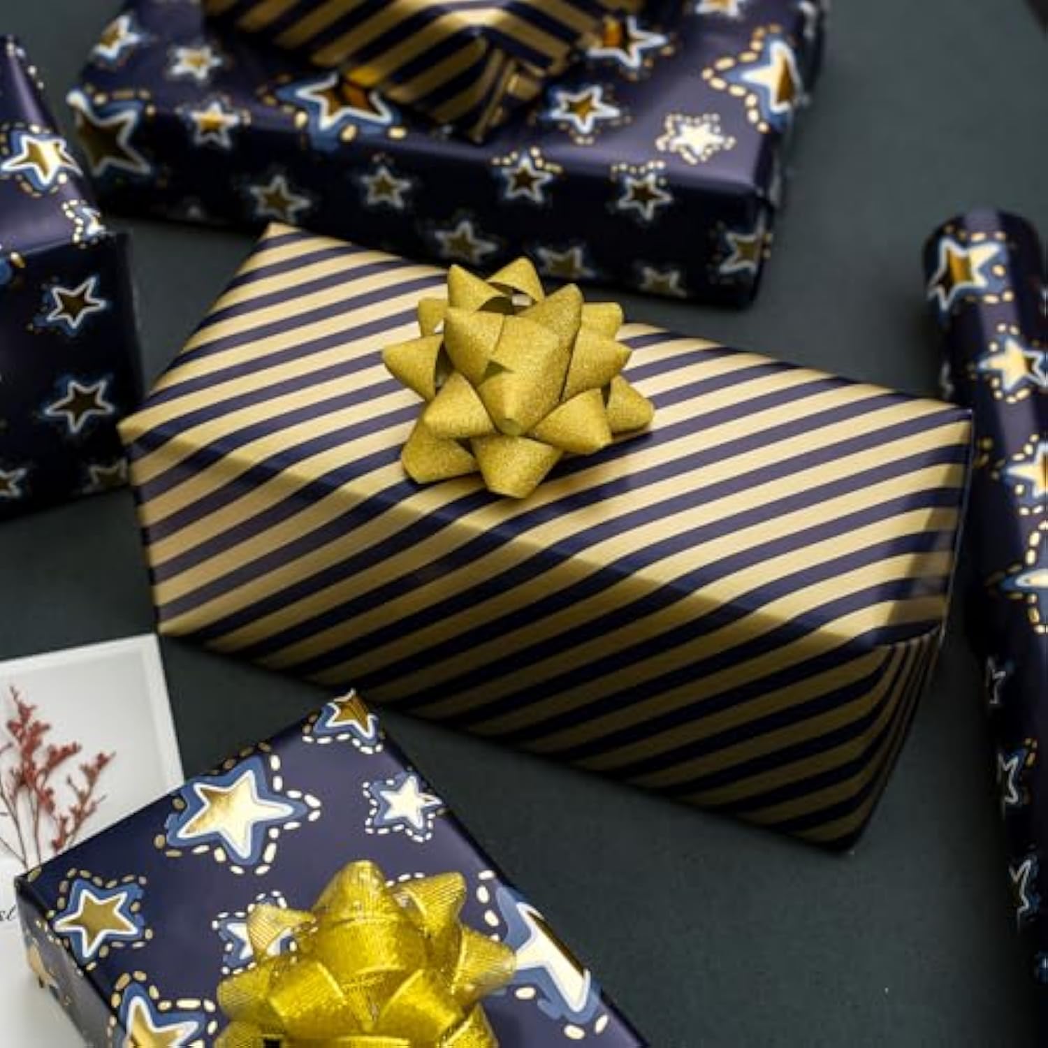 Reversible Gift Wrapping Paper Mini Roll, 17 Inches X 32.8 Feet Bright Colored Thick All Occasion Packing Paper For Birthday Wedding Holiday Party - Gold Stars/Dark Blue Sky/Stripes Design