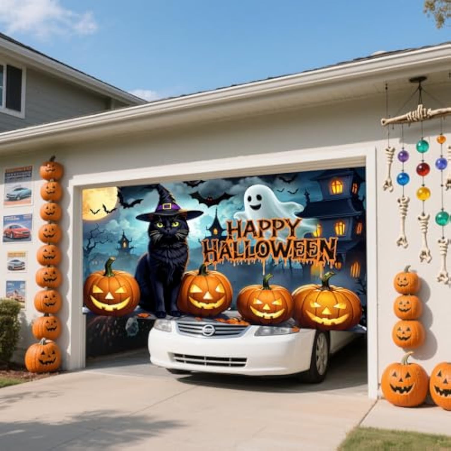 Halloween Garage Door Banner 6x13ft Large Hanging Backdrop Ghost Pumpkin Cat Haunted House Decor