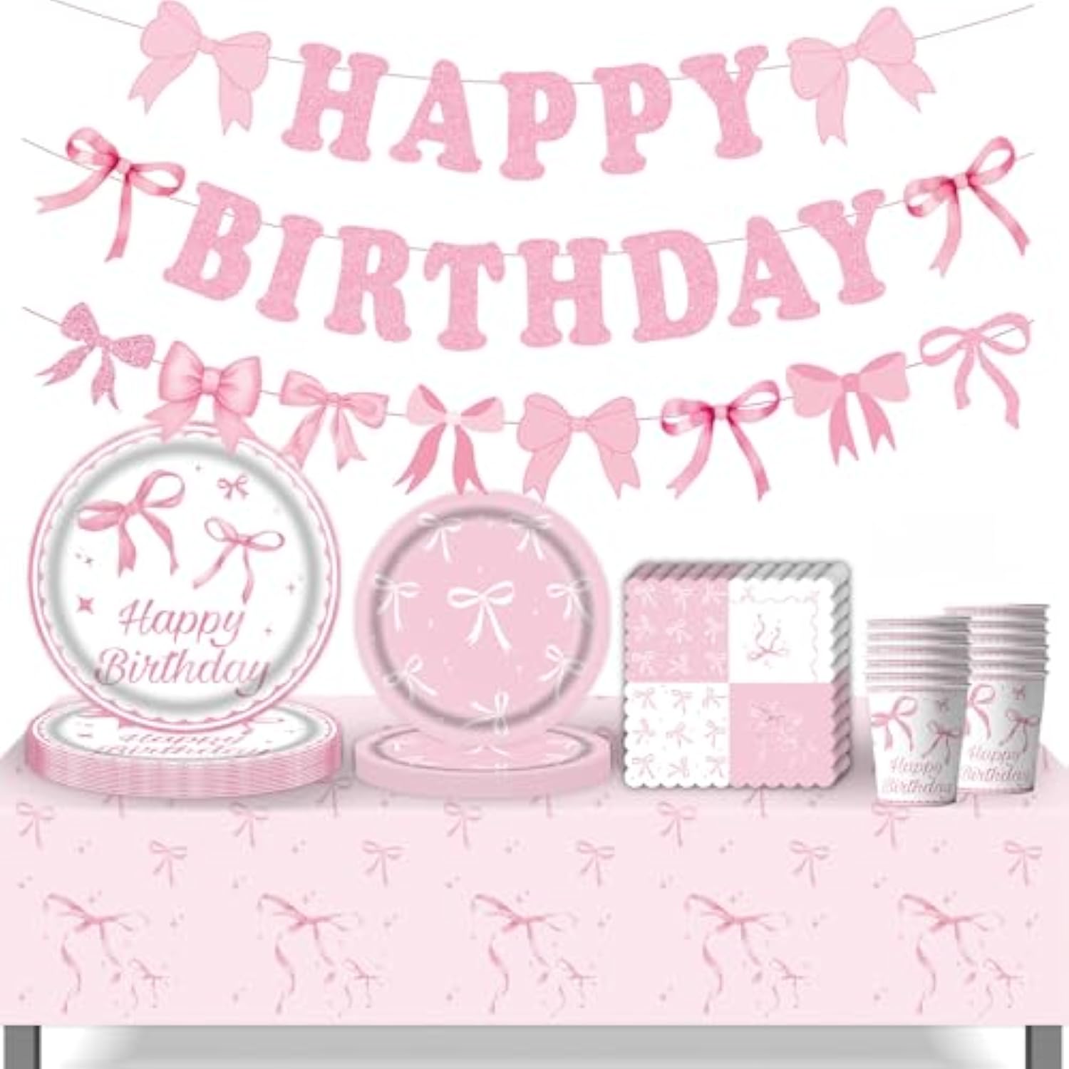 Pink Bow Party Supplies, Coquette Birthday Decorations With Bow Plates, Cups, Napkins, Tablecloth And Banner, Pink Birthday Decoration Serve 24, Bow Themed Tableware For Girls Bachelorette Party Decor
