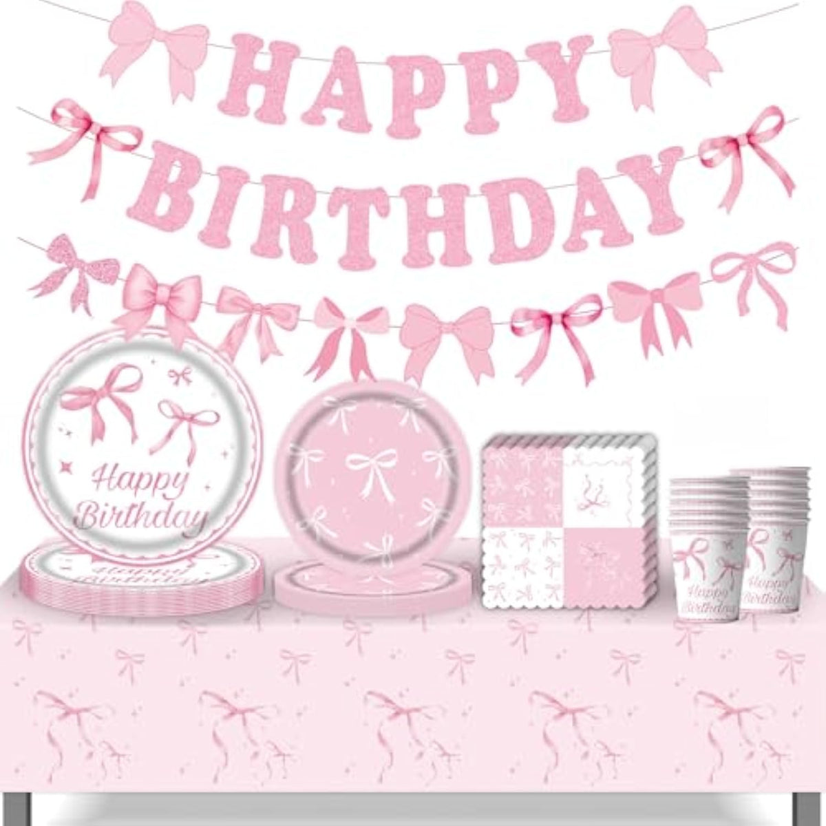 Pink Bow Party Supplies, Coquette Birthday Decorations With Bow Plates, Cups, Napkins, Tablecloth And Banner, Pink Birthday Decoration Serve 24, Bow Themed Tableware For Girls Bachelorette Party Decor