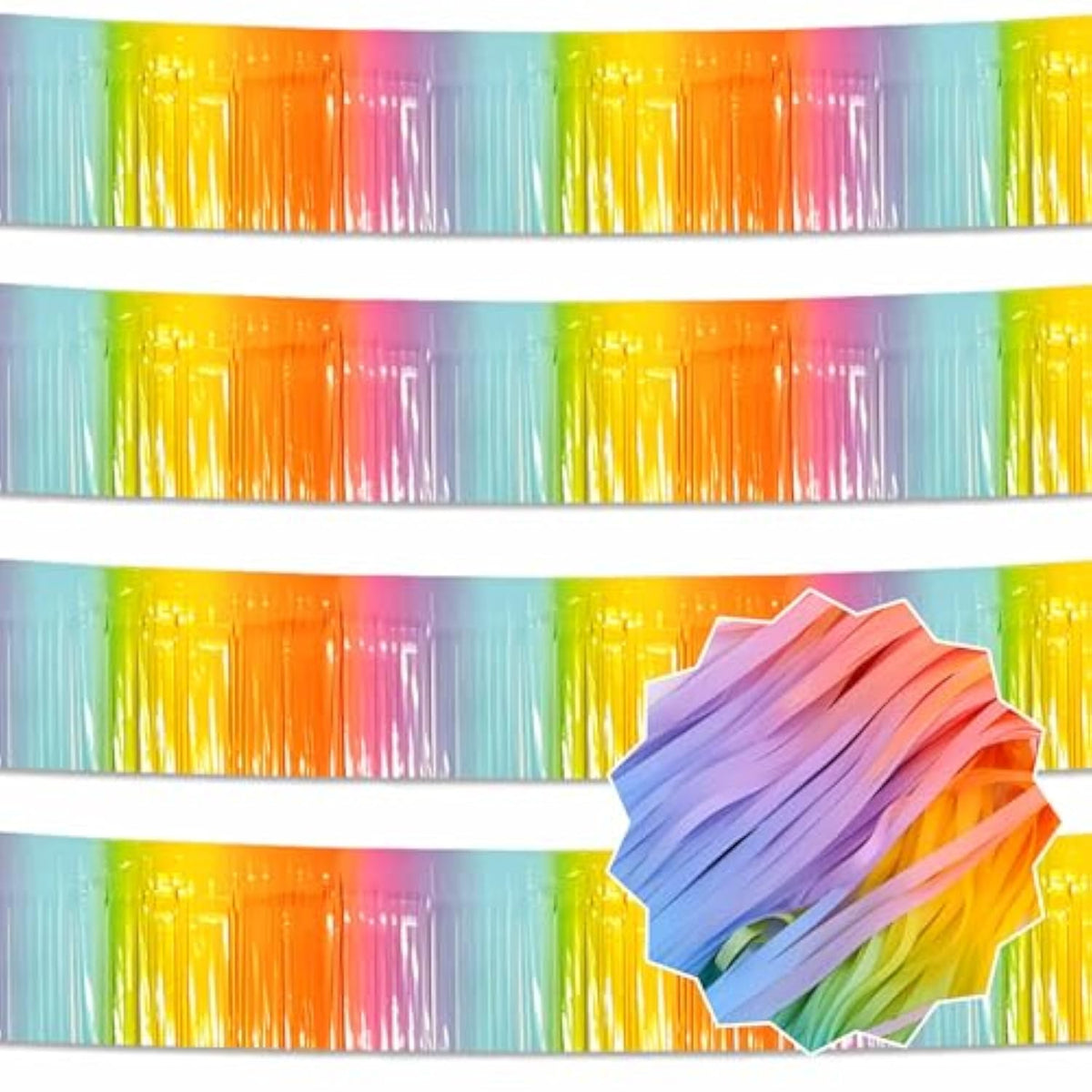 4 Pack 10 Ft Light Rainbow Foil Fringe Garland Metallic Streamers Tinsel Banner Wall Hanging Garland Backdrop For Parade Floats, Halloween, Christmas, Thanksgiving, New Year Party Decorations